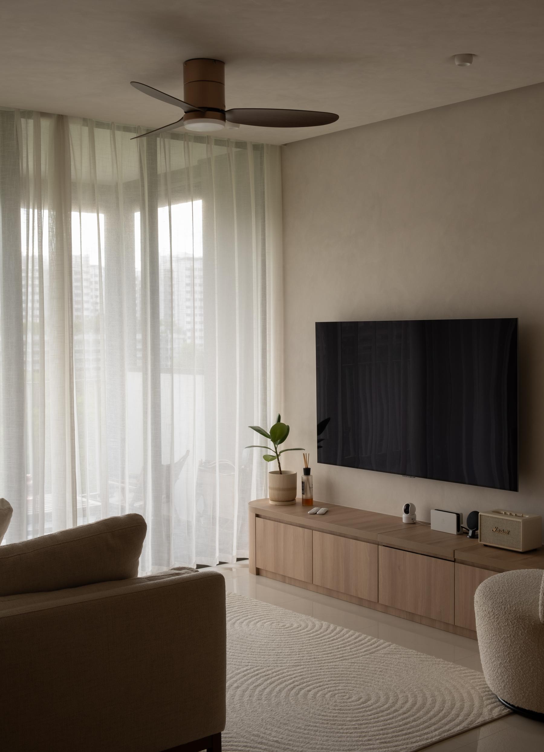 Scandinavian Living Room with Marble Floor and TV Console
