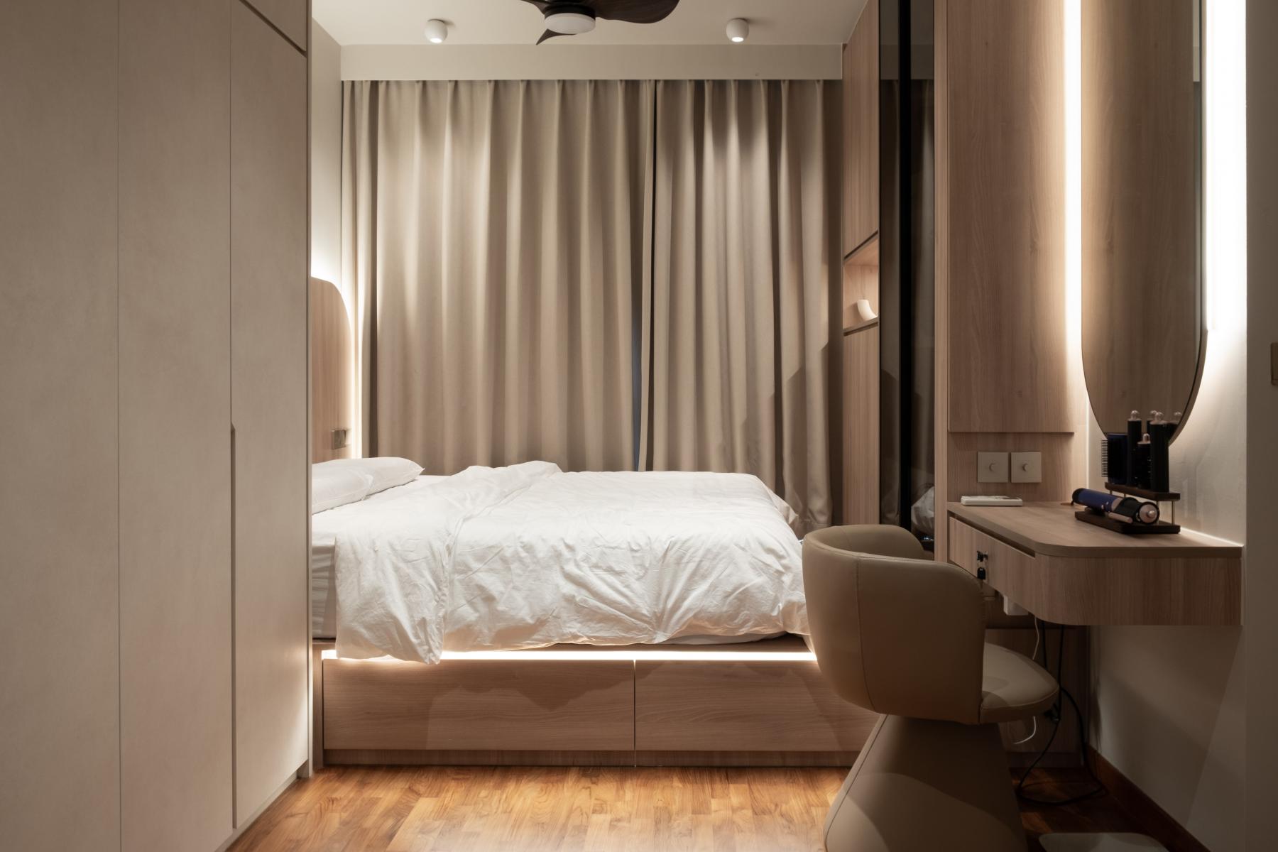Scandinavian Bedroom with Platform Bed and Mirror