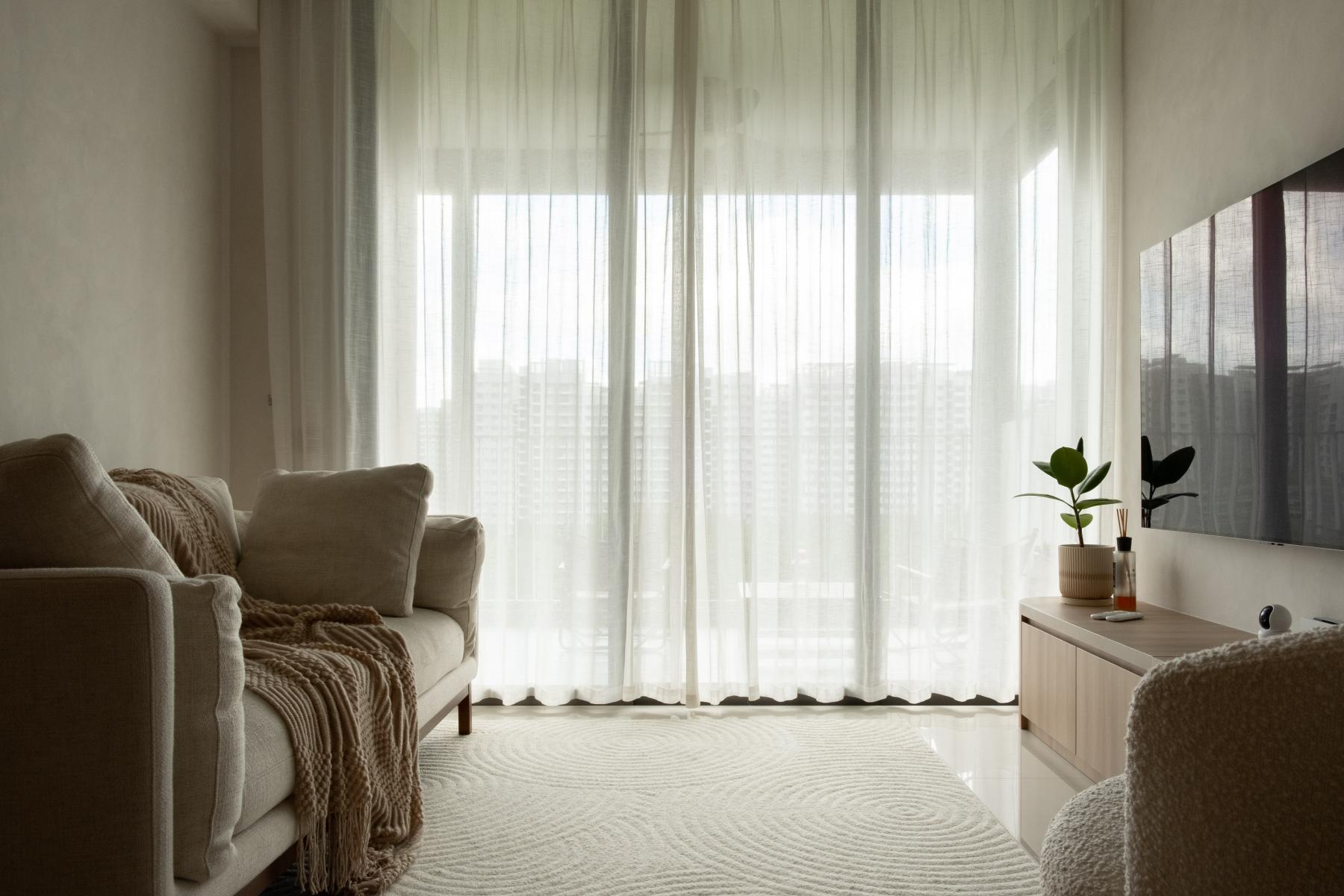 Scandinavian Living Room with TV Console and Curtain
