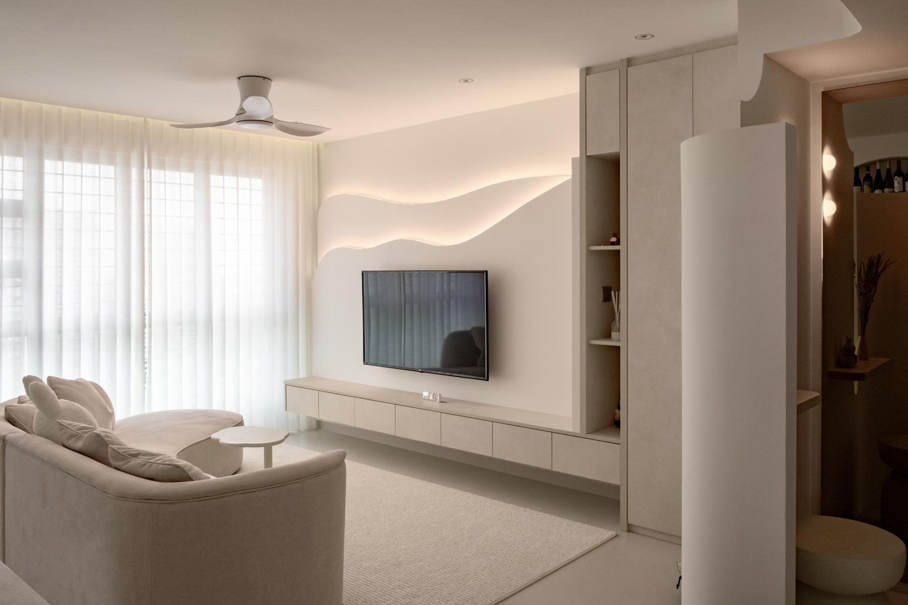 Modern Living Room with Homogeneous Tiles and Drop Ceiling