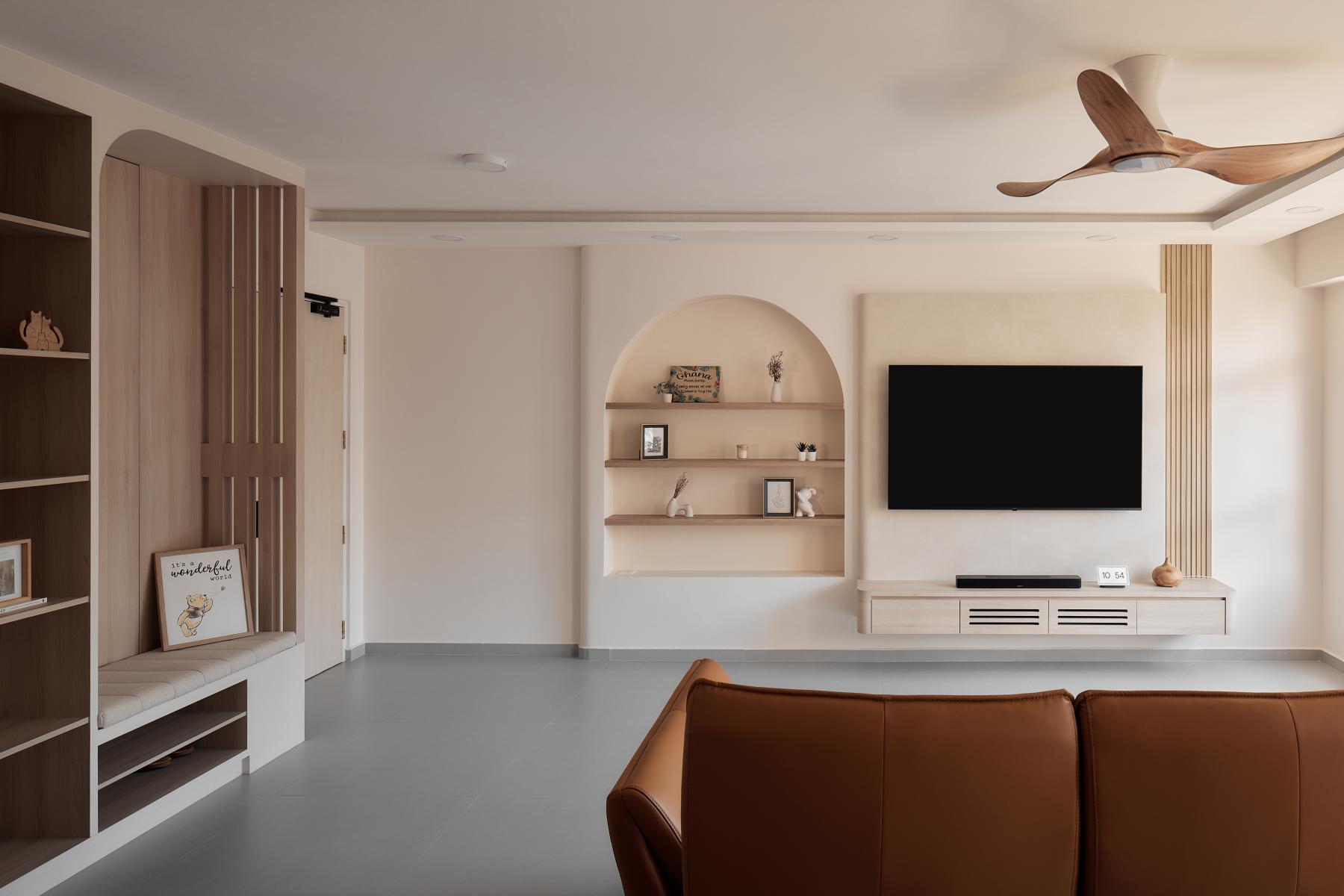 Asian Living Room with Bookshelf and TV Console