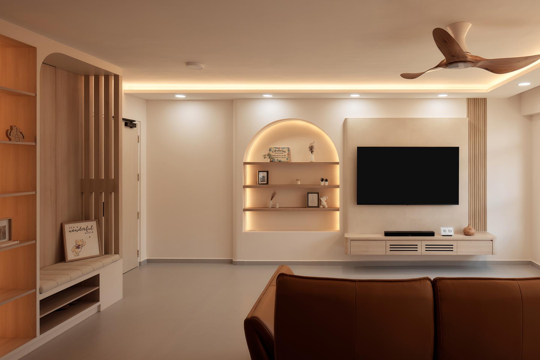 Asian Living Room with Bookshelf and Drop Light