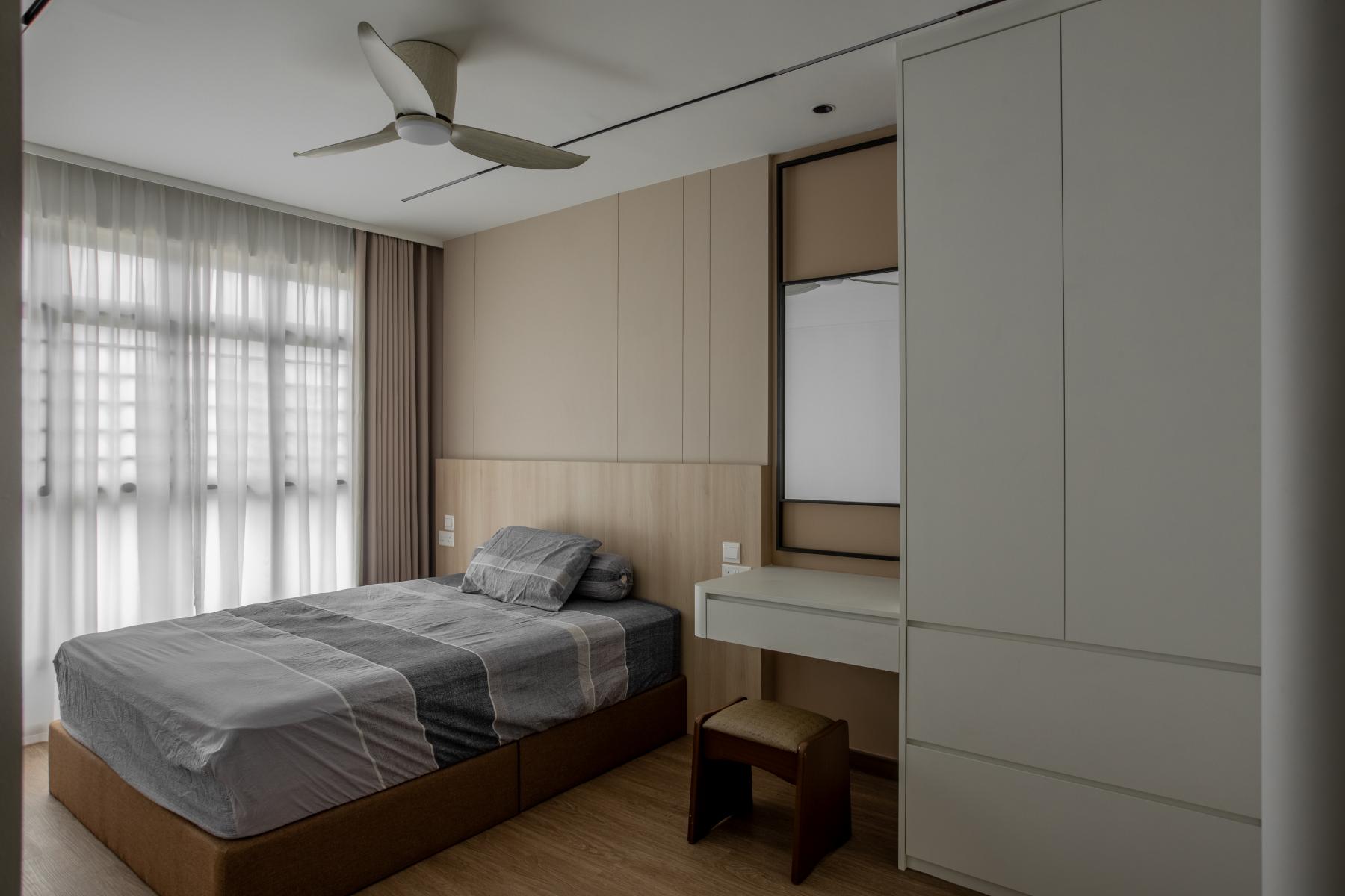 Modern Bedroom with Ceiling Light and Roller Blinds