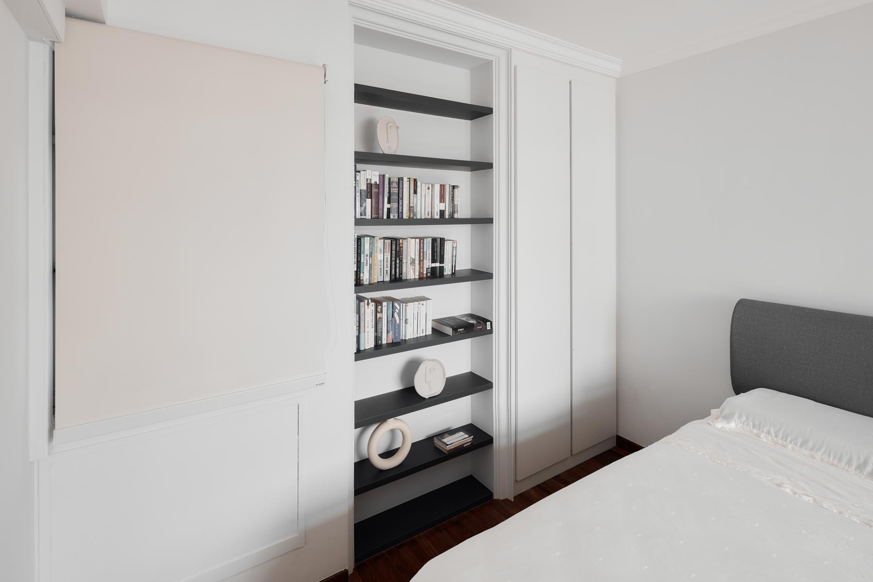 Modern Bedroom with Bookshelf and Wardrobe