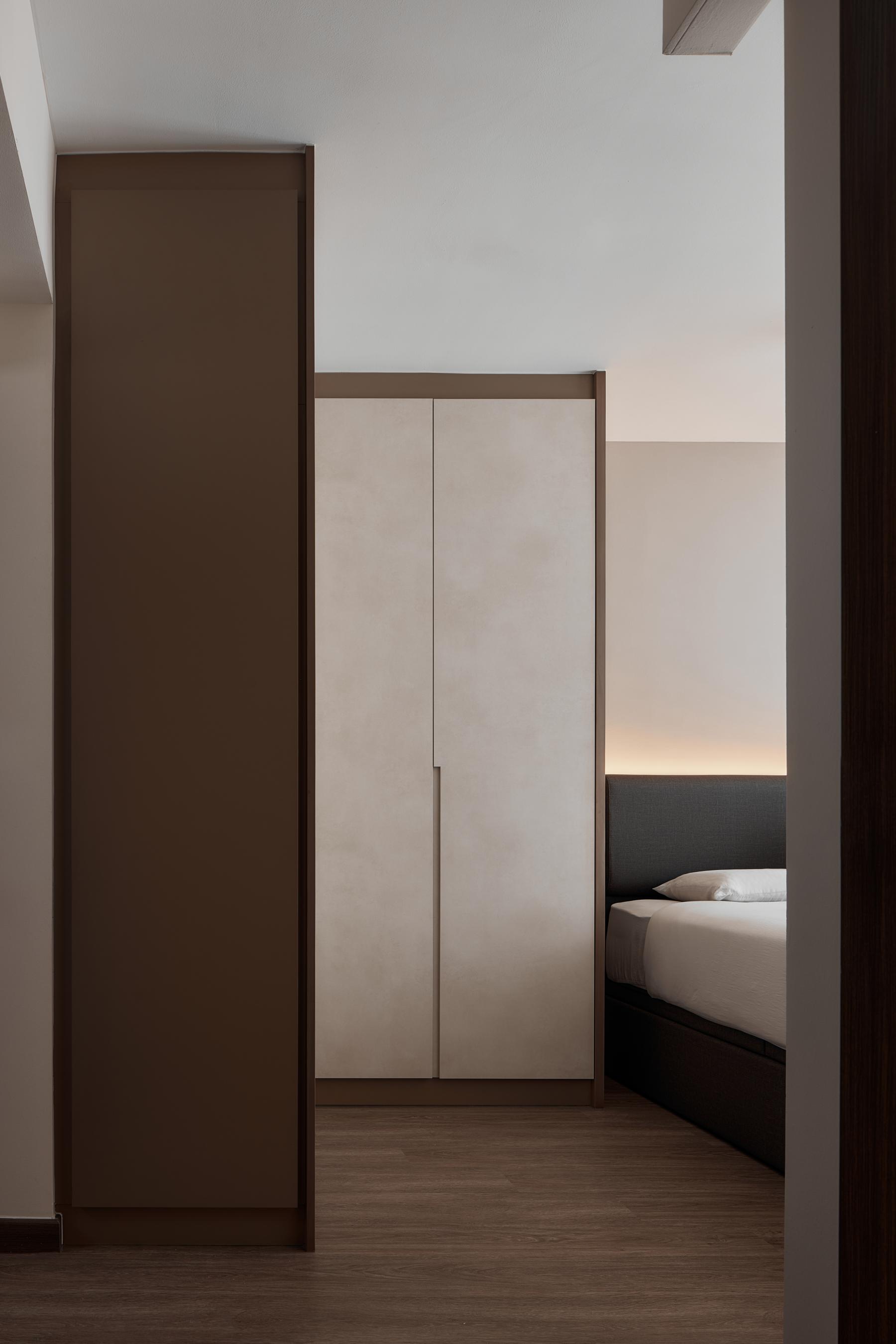 Scandinavian Bedroom with Wood Flooring and Wardrobe