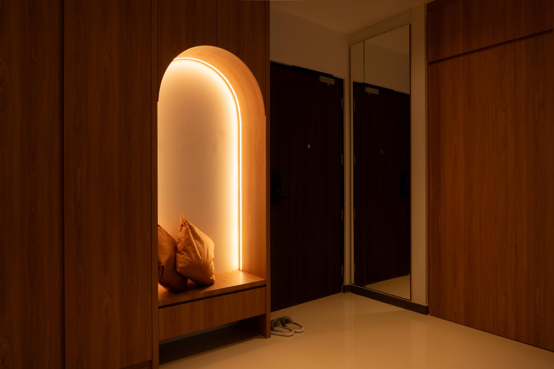 Scandinavian Entryway with Mirror and Seating Bench