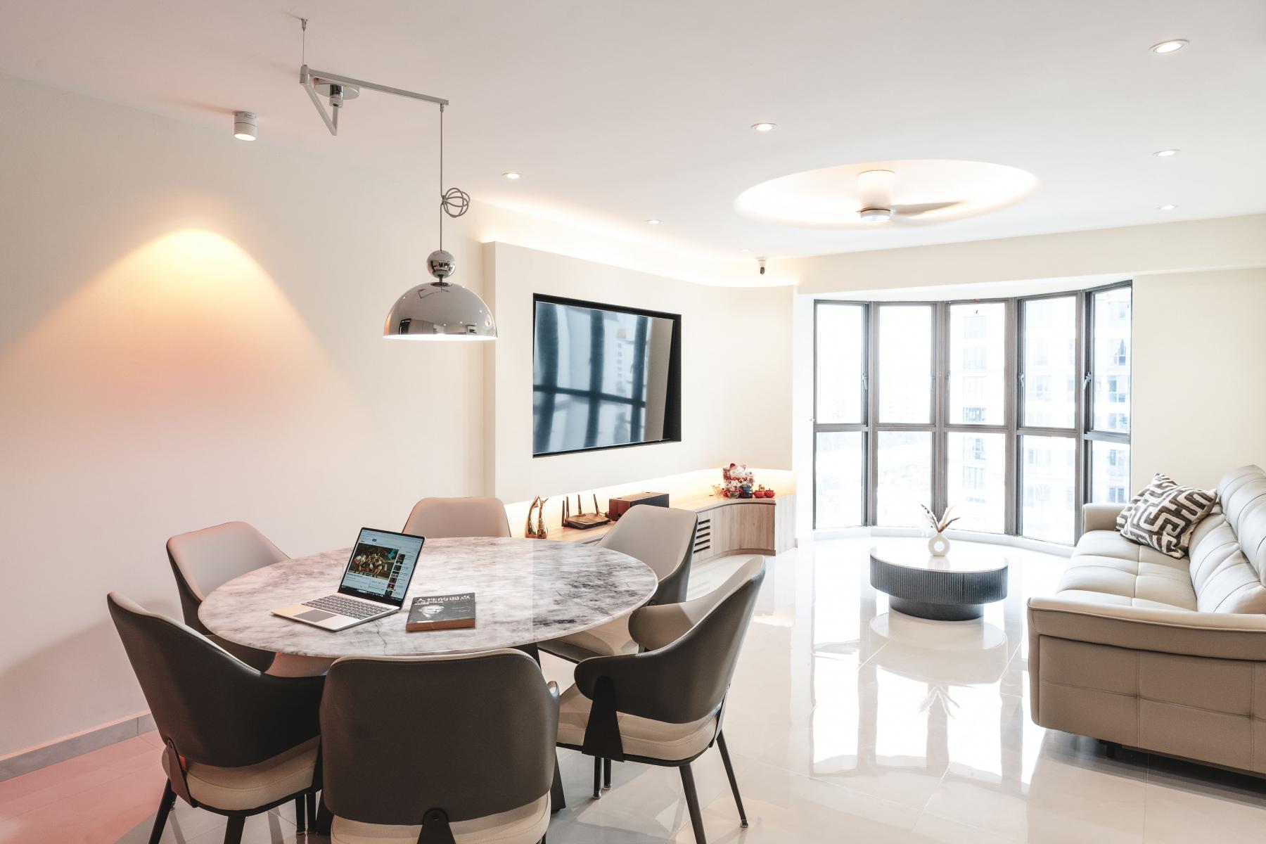 Contemporary Dining Room with Drop Light and Dining Table
