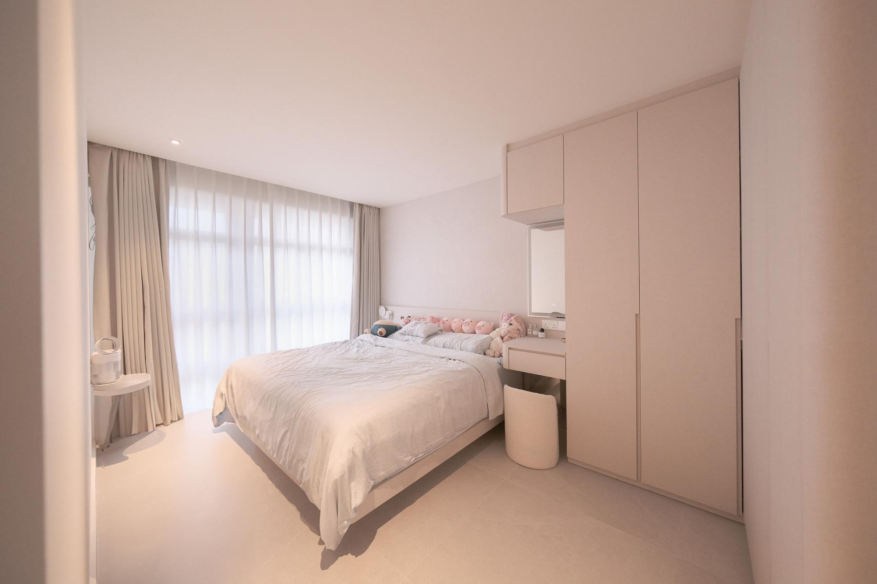 Modern Bedroom with Platform Bed and Herringbone Tiling