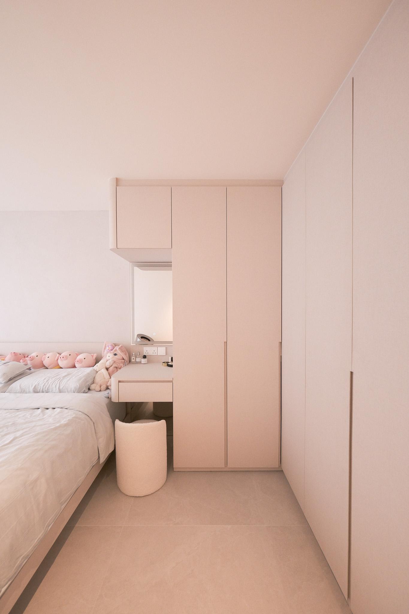 Modern Bedroom with Cement Floor and Bay Window
