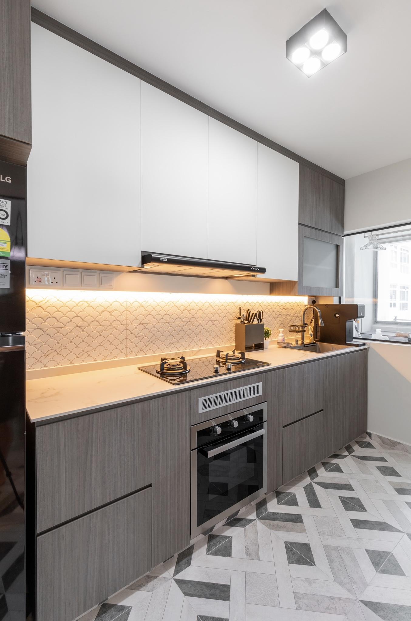 Modern Kitchen with Homogeneous Tiles and Cupboard