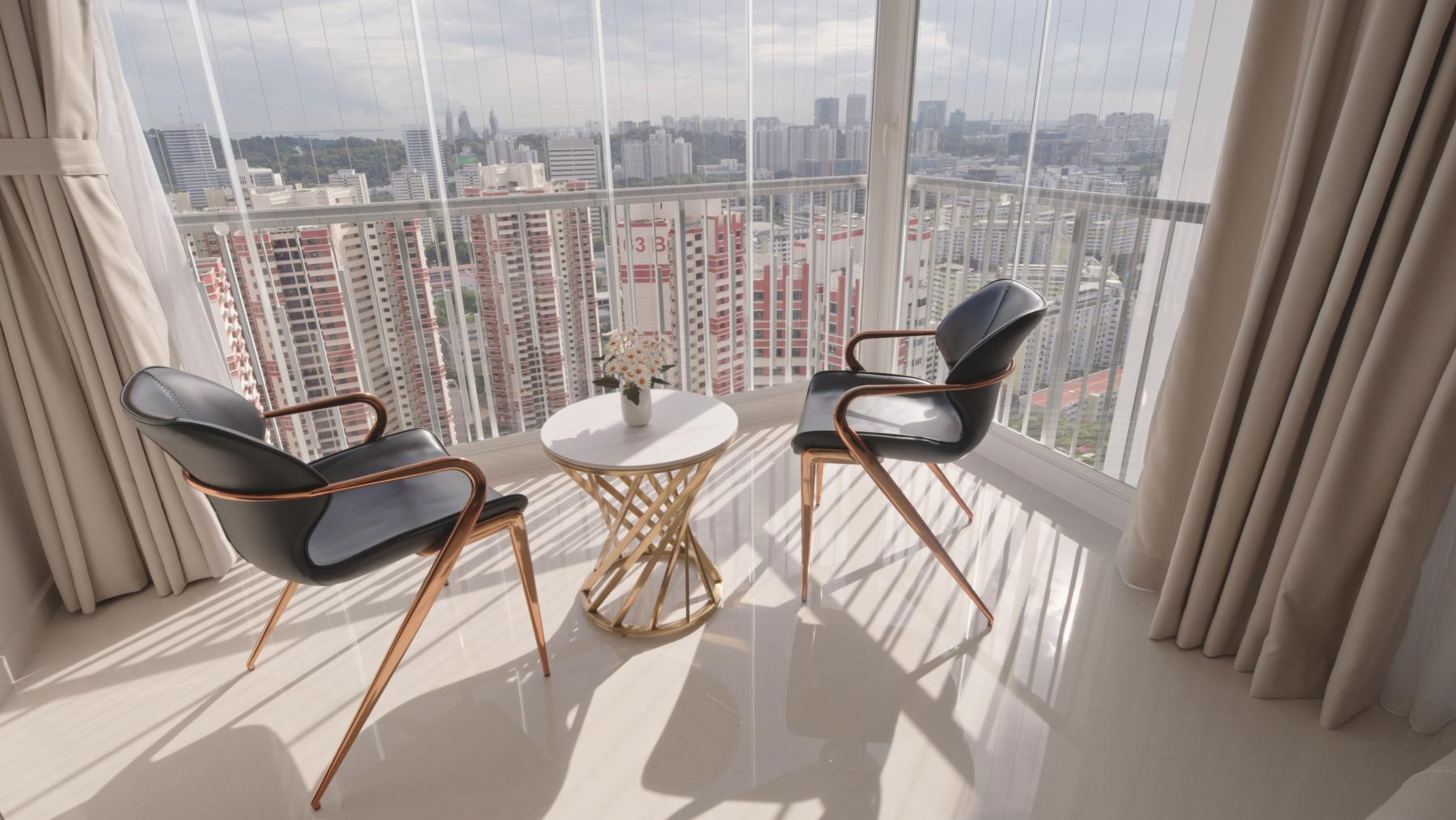 Scandinavian Balcony with Window Seat and Curtain