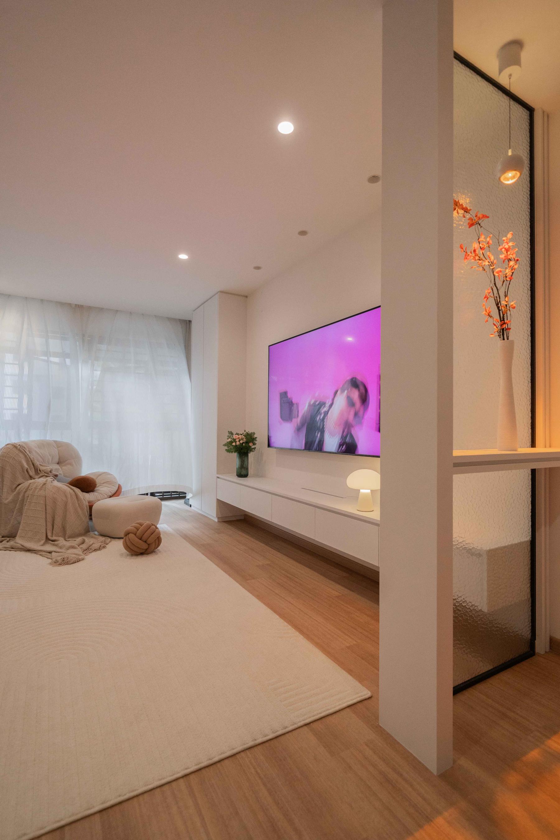Minimalist Living Room with Vinyl Flooring and Display Cabinets