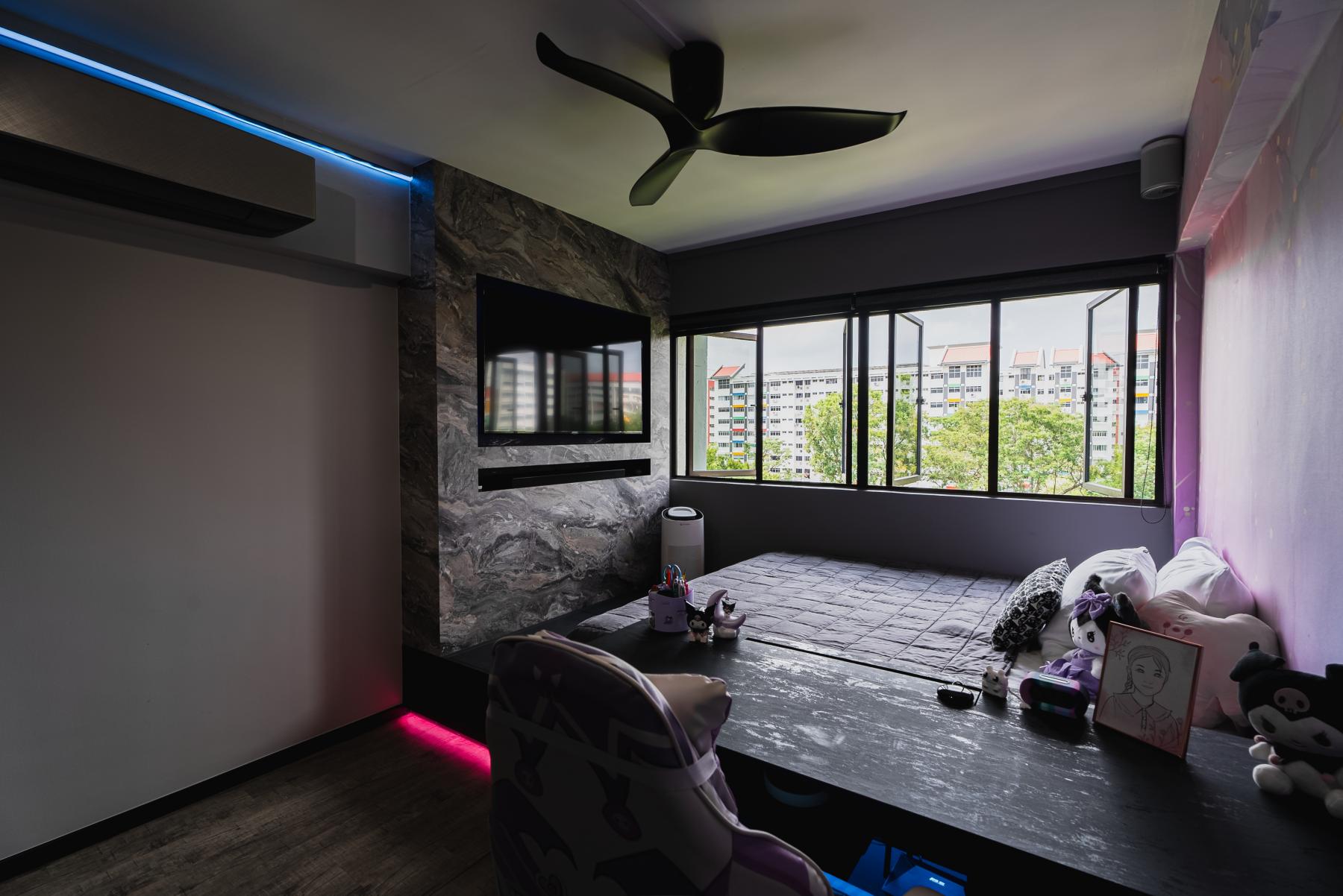 Eclectic Bedroom with Marble Floor and Roller Blinds