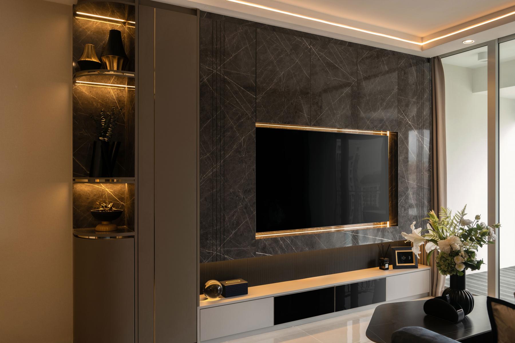 Modern Living Room with Marble Floor and Feature Wall