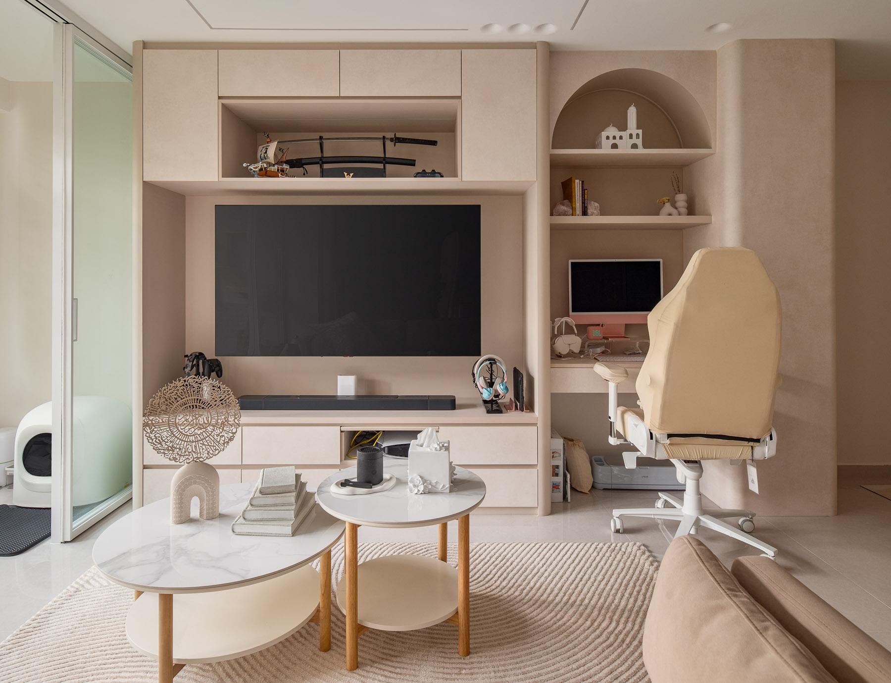 Scandinavian Living Room with TV Console and Feature Wall