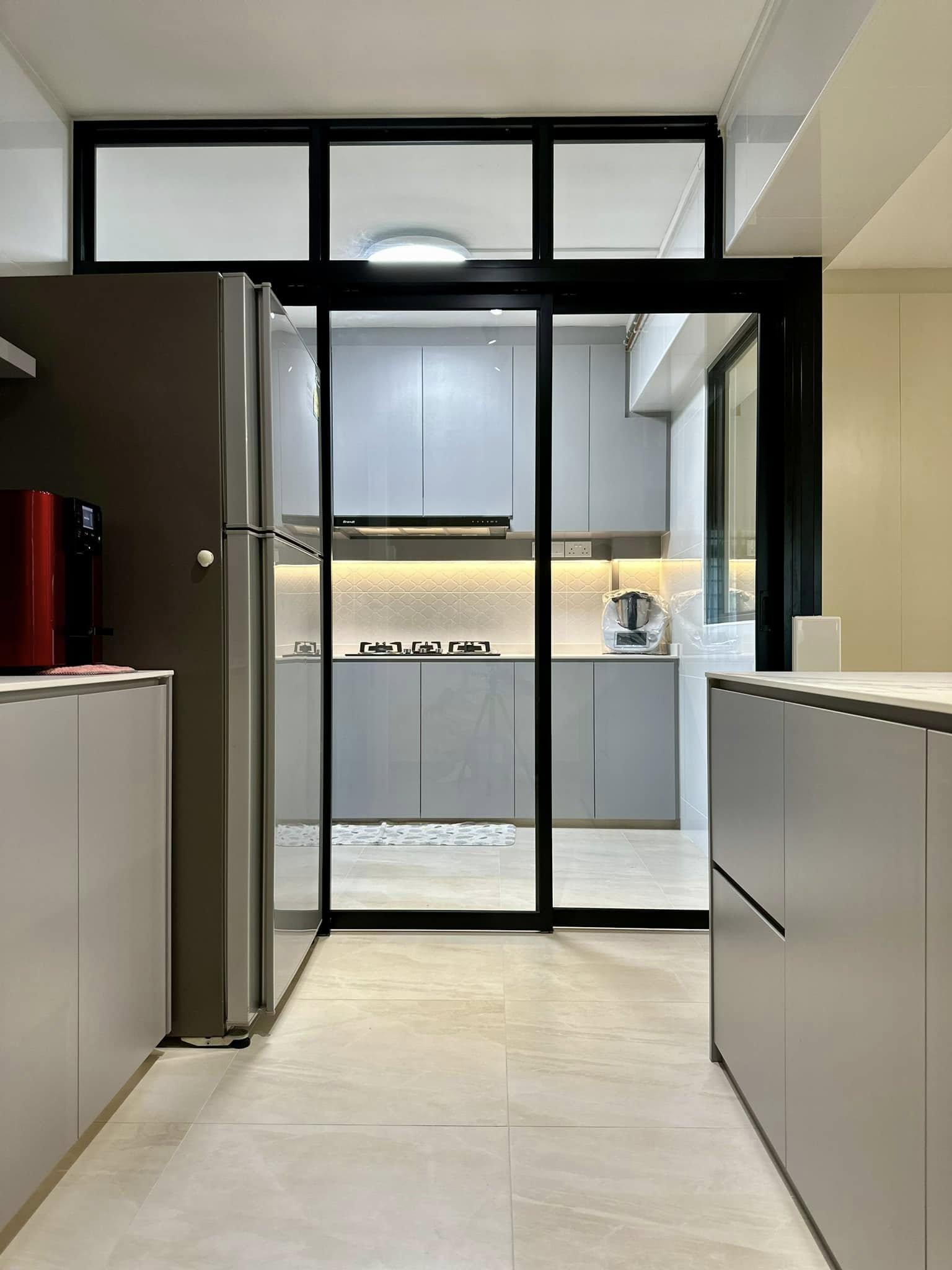 Contemporary Pantry with Kitchen Island and Doors