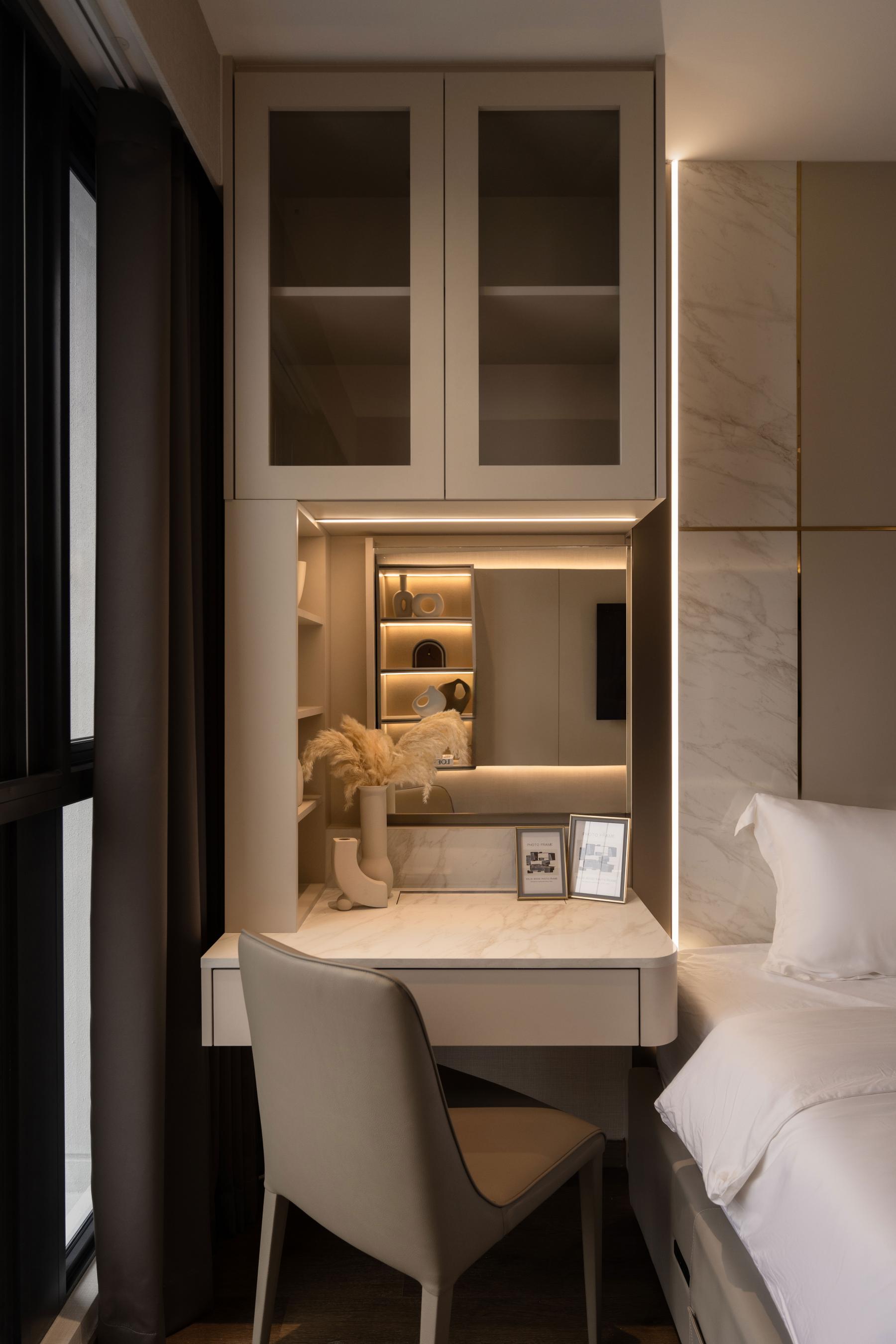 Modern Bedroom with Bookshelf and Bay Window