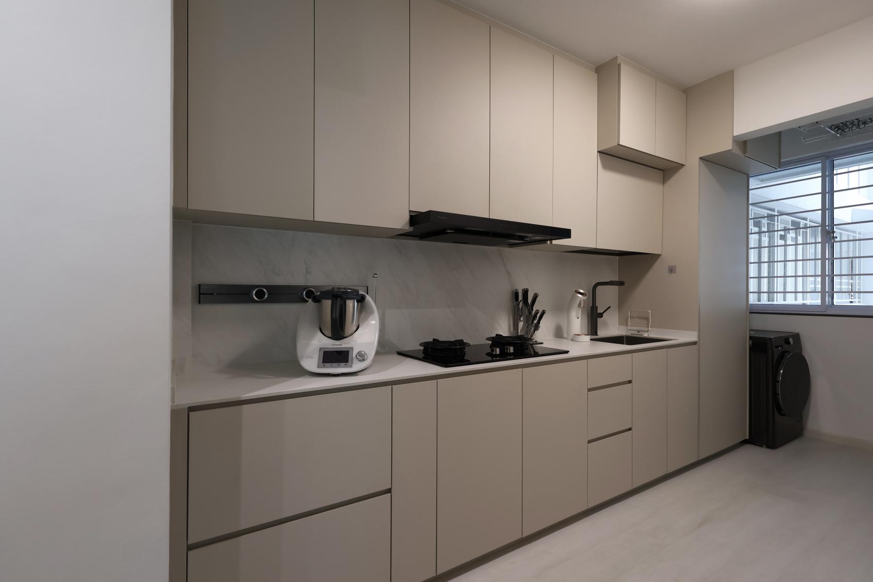 Minimalist Kitchen with Kitchen Window and Cupboard