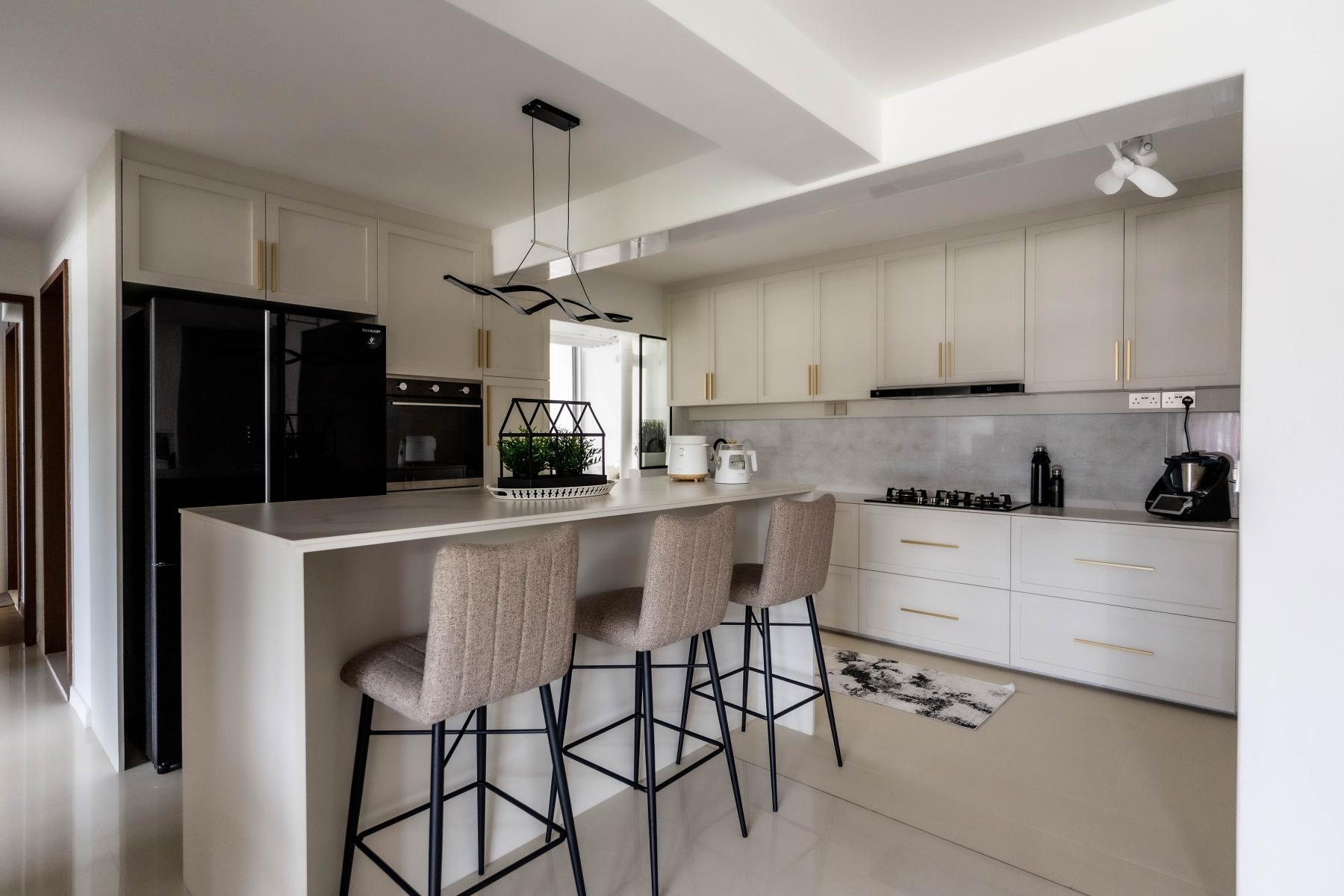Asian Kitchen with Homogeneous Tiles and Kitchen Window