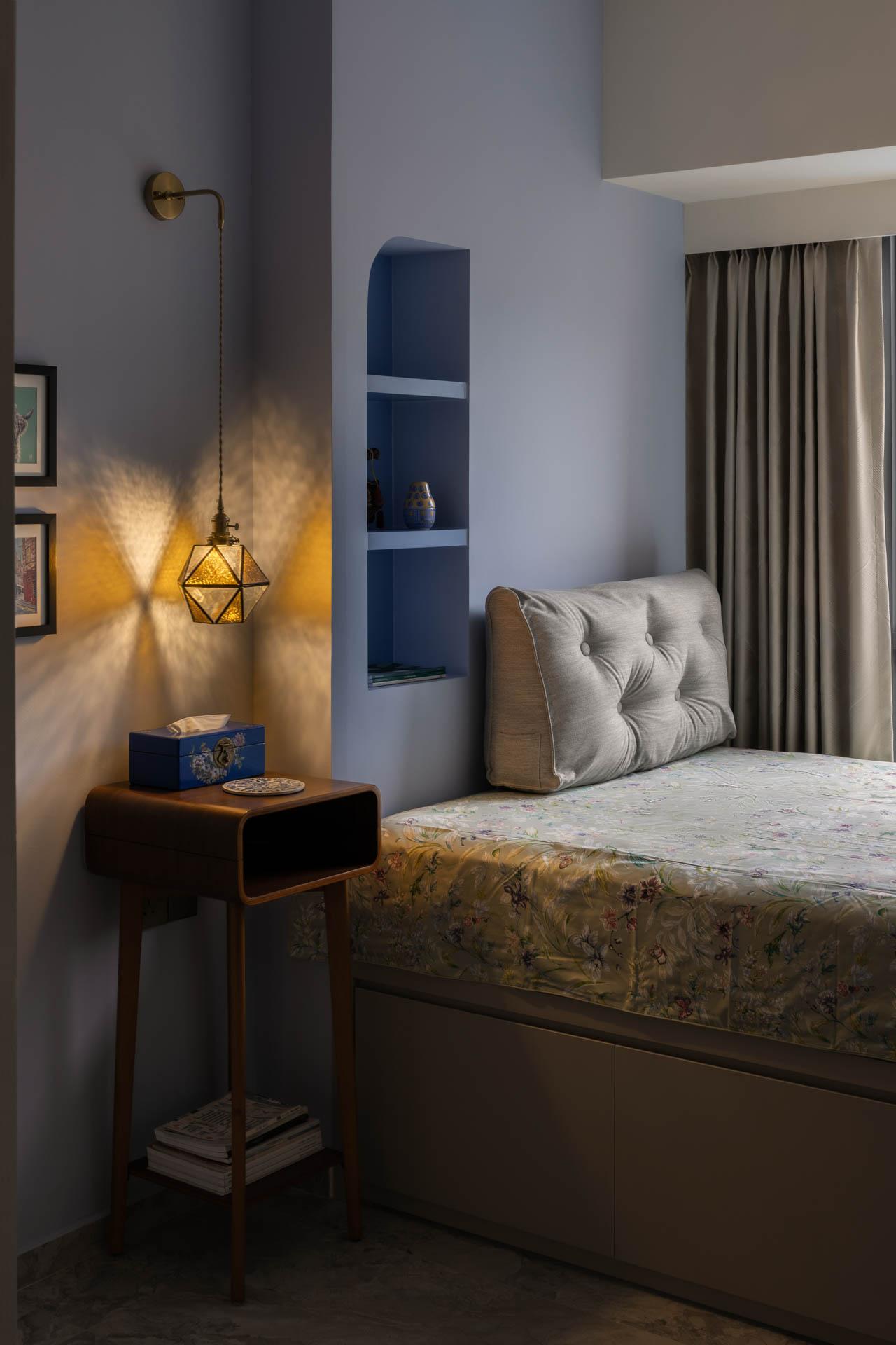 Eclectic Bedroom with Platform Bed and Bay Window