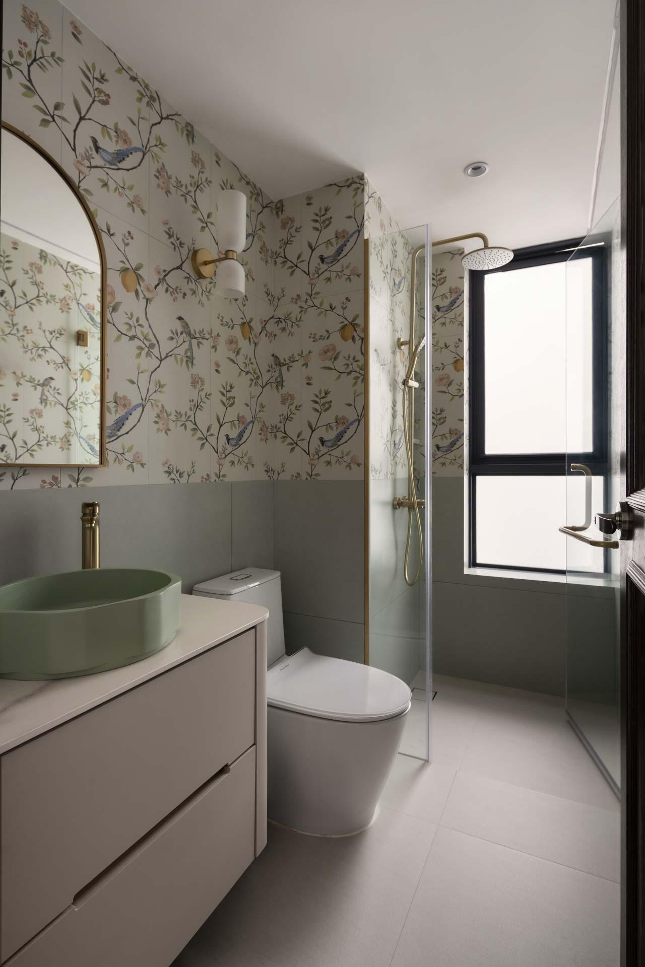 Eclectic Bathroom with Mirror and Rainshower