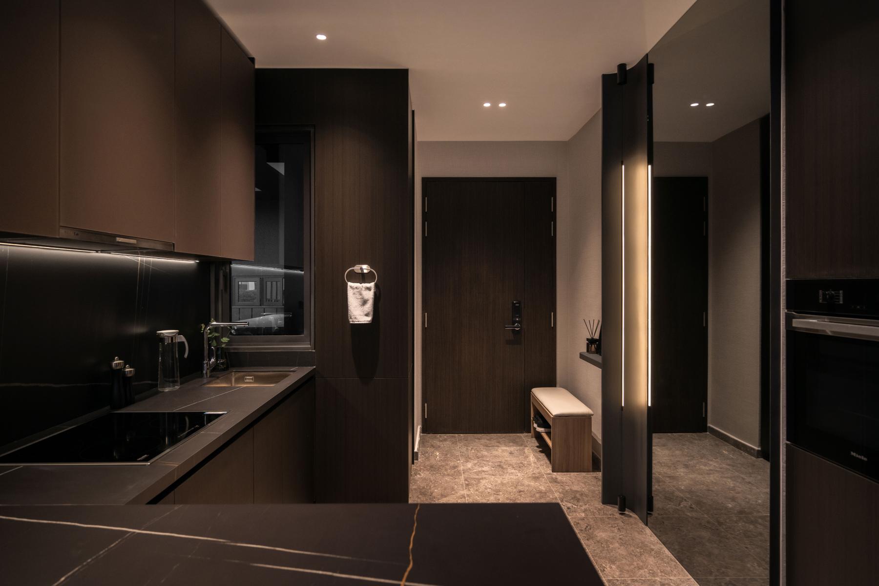 Contemporary Pantry with Kitchen Island and Console Table