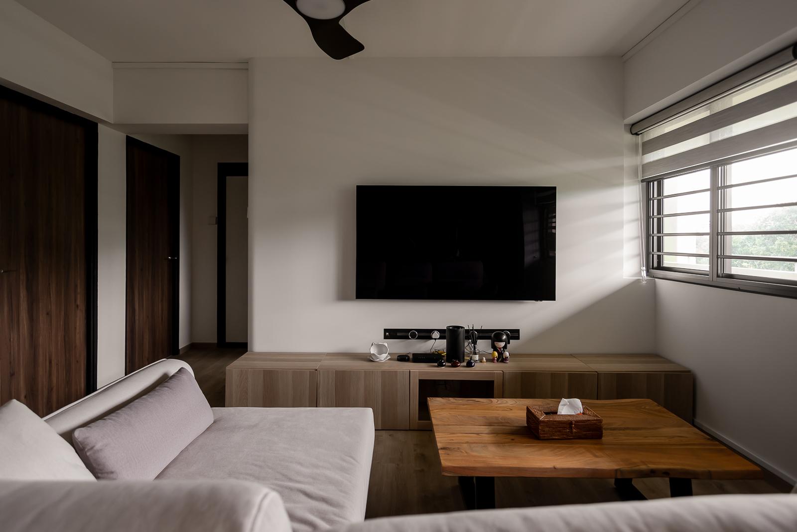 Modern Living Room with TV Console and Roller Blinds