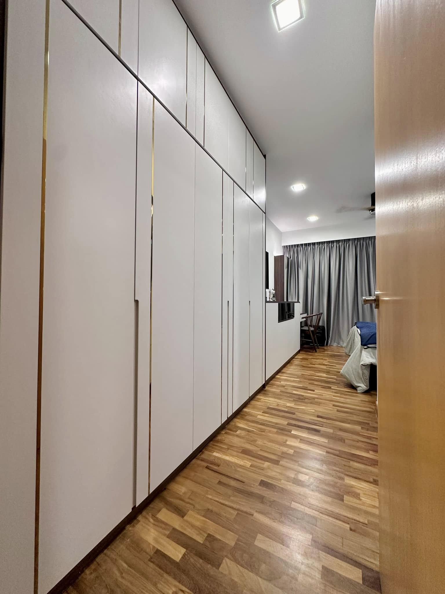 Modern Bedroom with Parquet Floor and Drop Ceiling