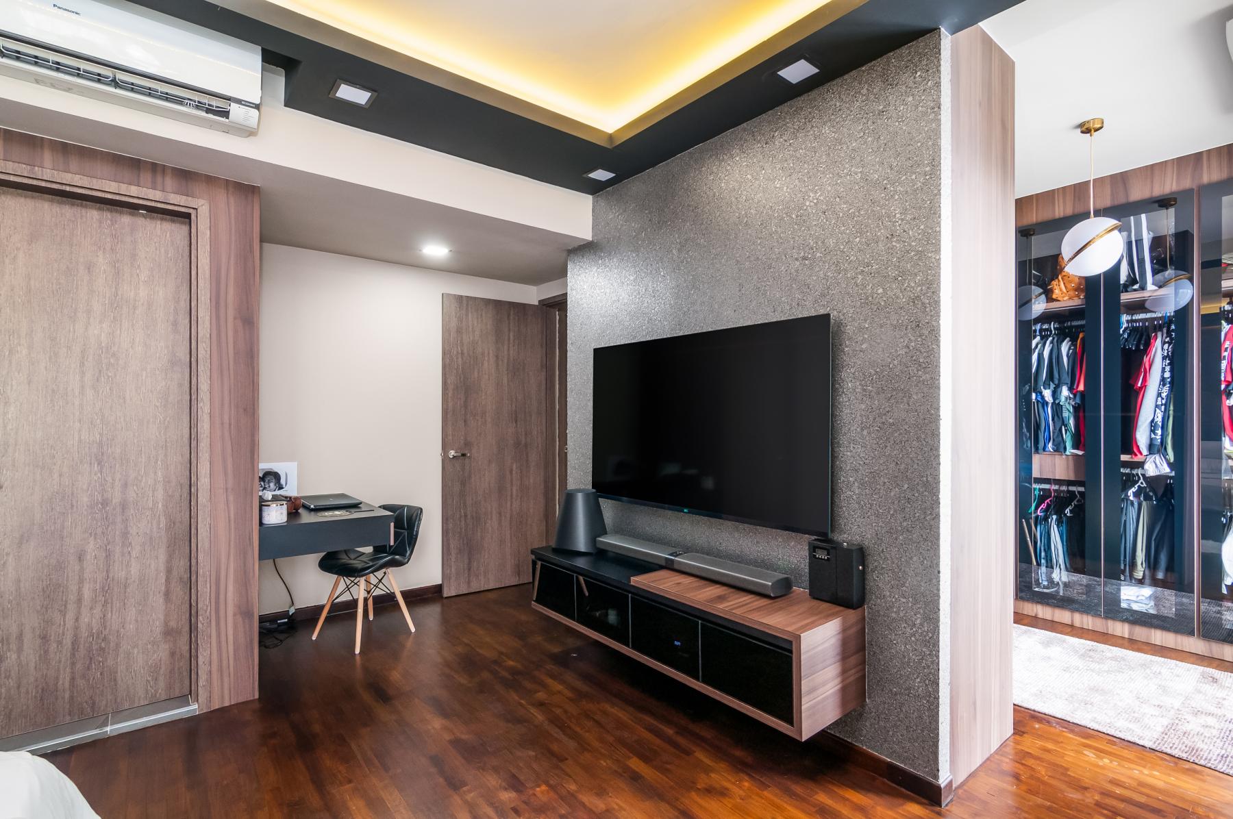 Contemporary Bedroom with Parquet Floor and TV Console