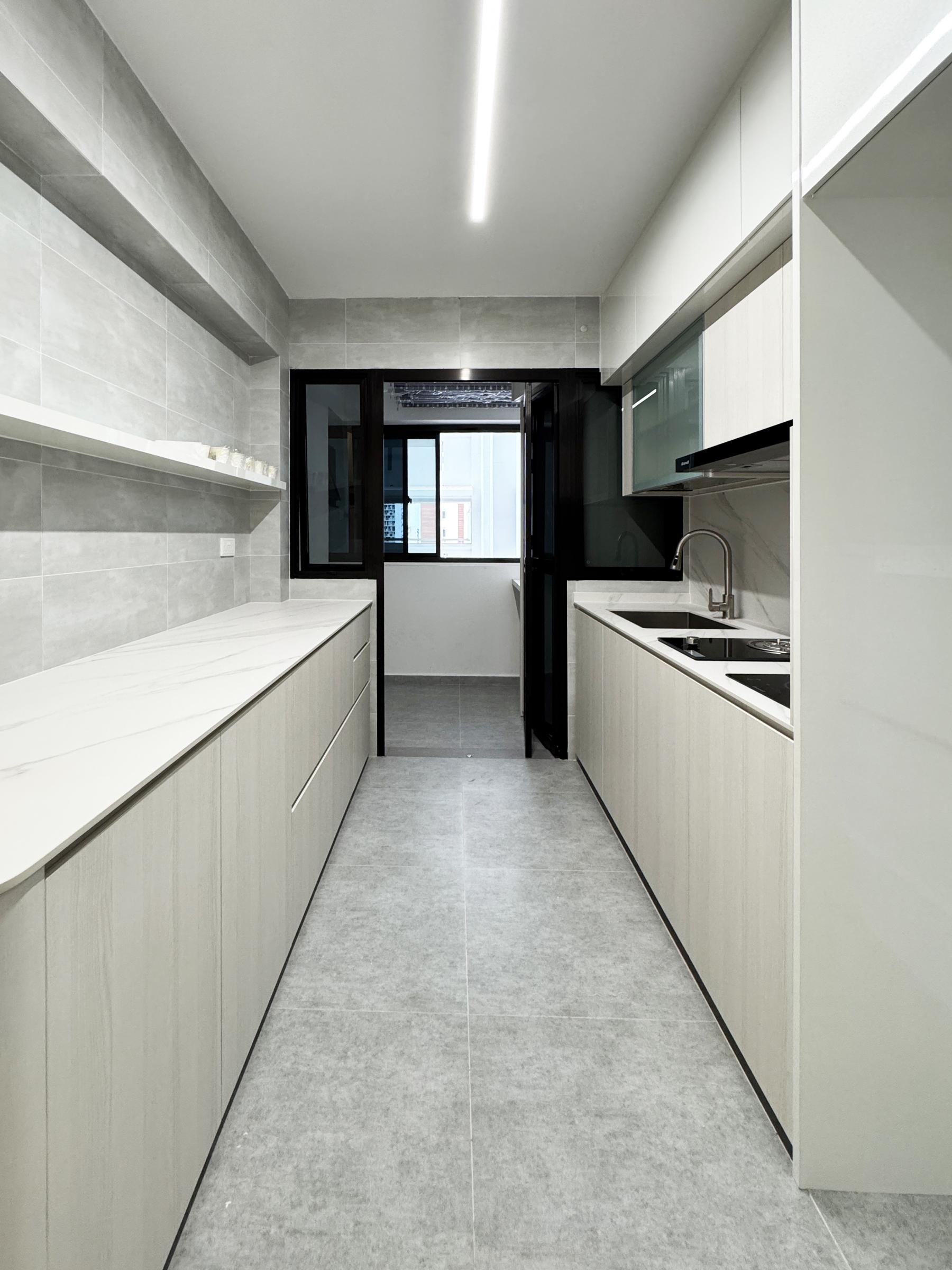 Minimalist Kitchen with Countertop and Marble Floor