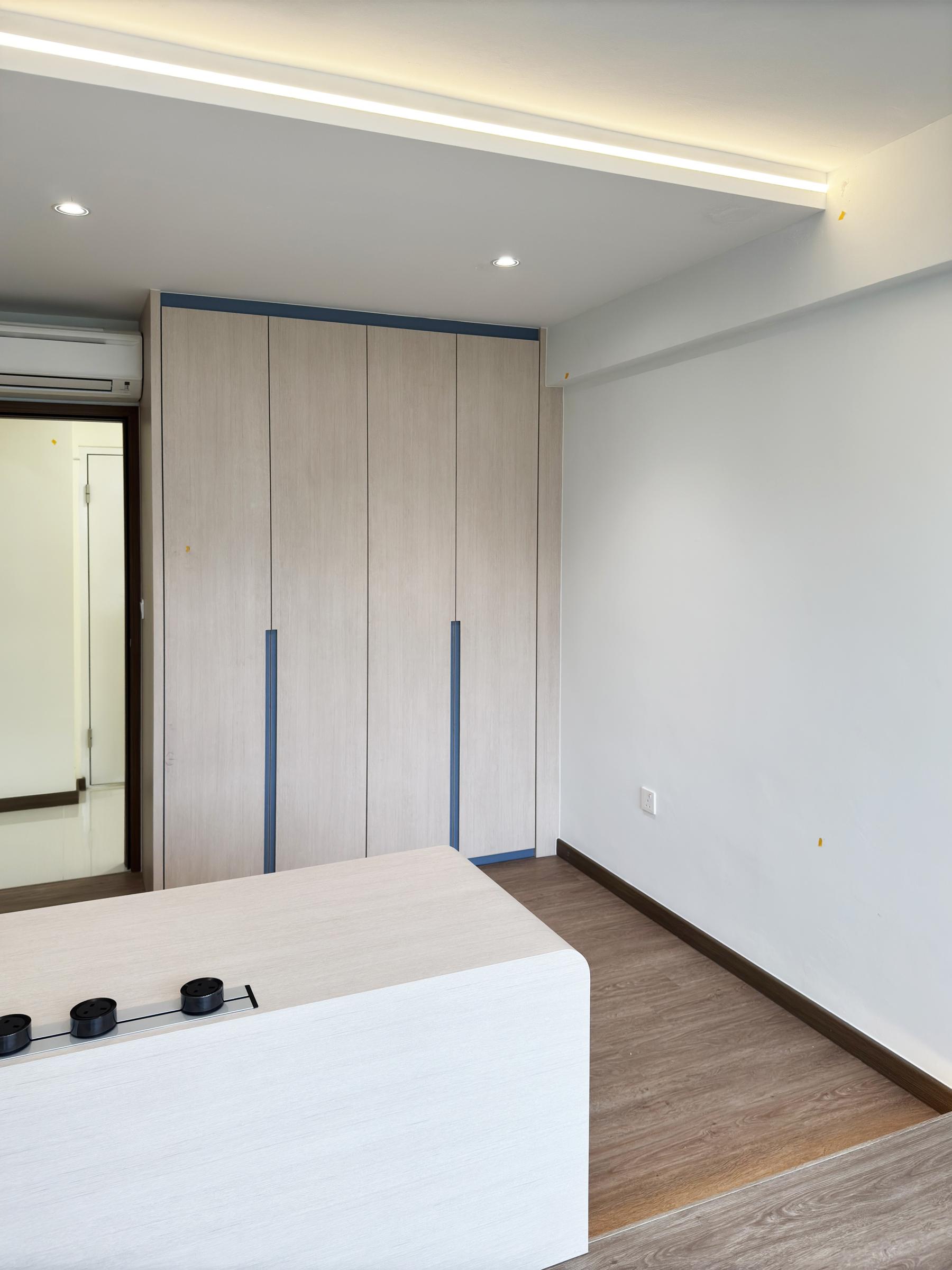 Minimalist Bedroom with Vinyl Flooring and Drop Ceiling