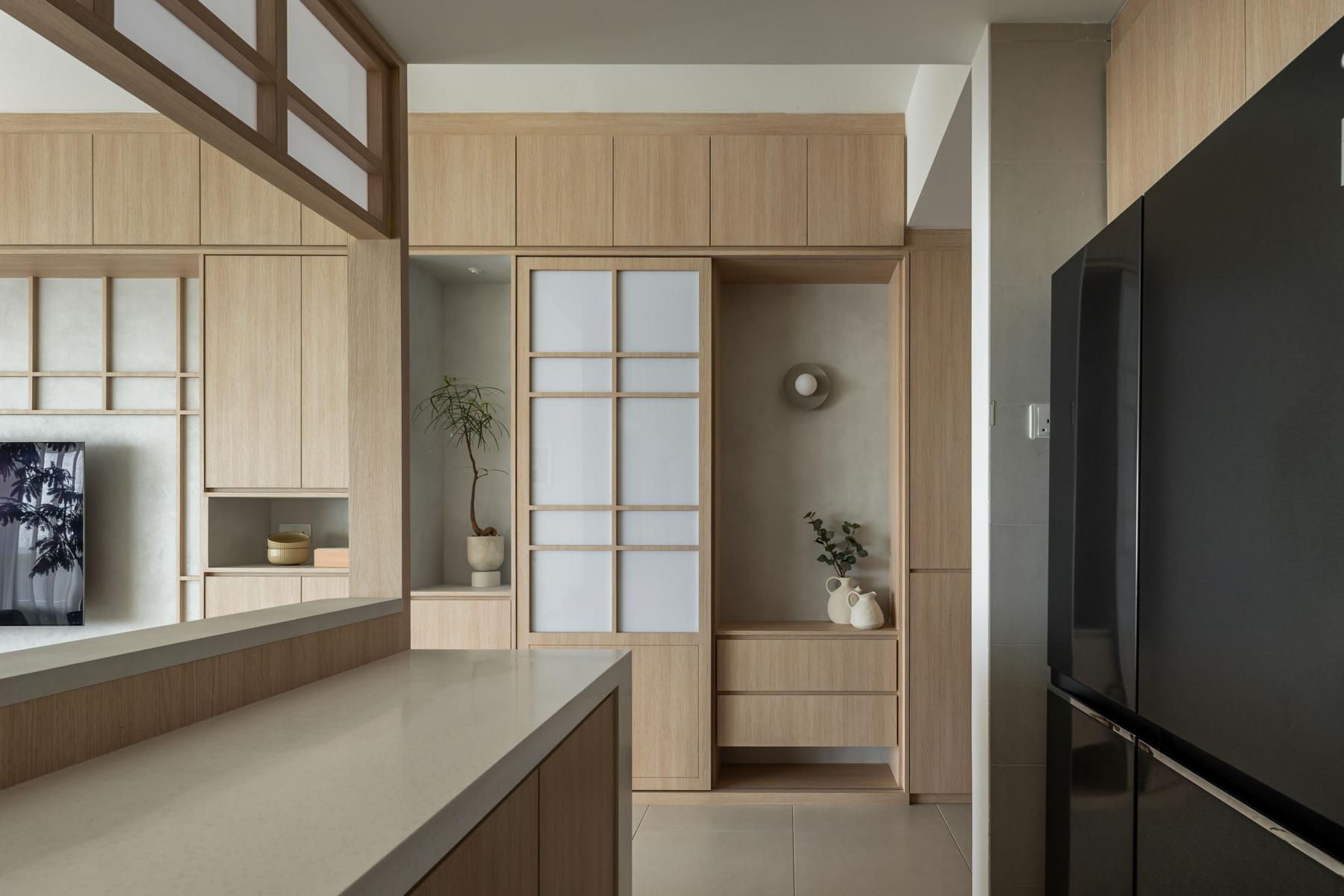 Asian Entryway with Feature Wall and Seating Bench