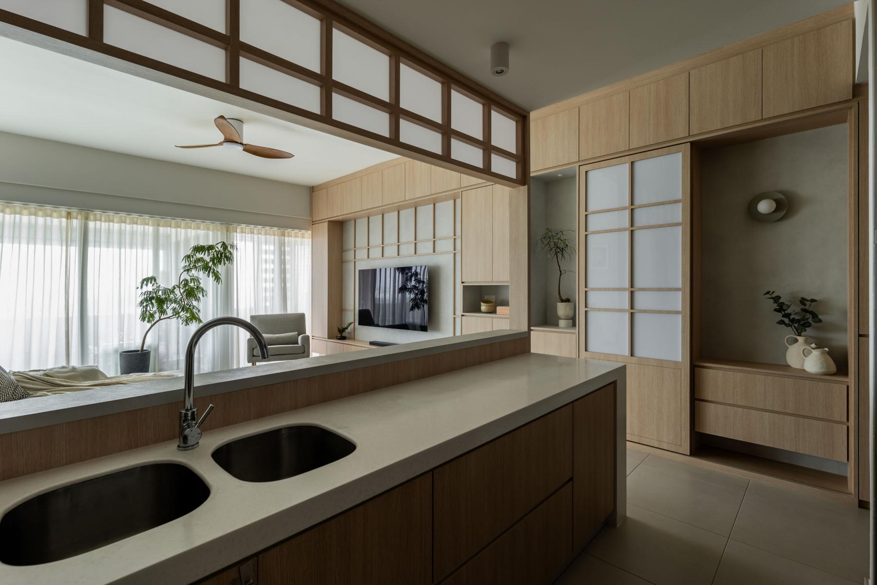 Asian Kitchen with Countertop and Homogeneous Tiles