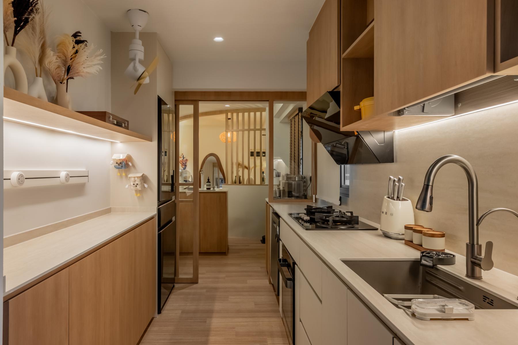 Asian Kitchen with Countertop and Vinyl Flooring