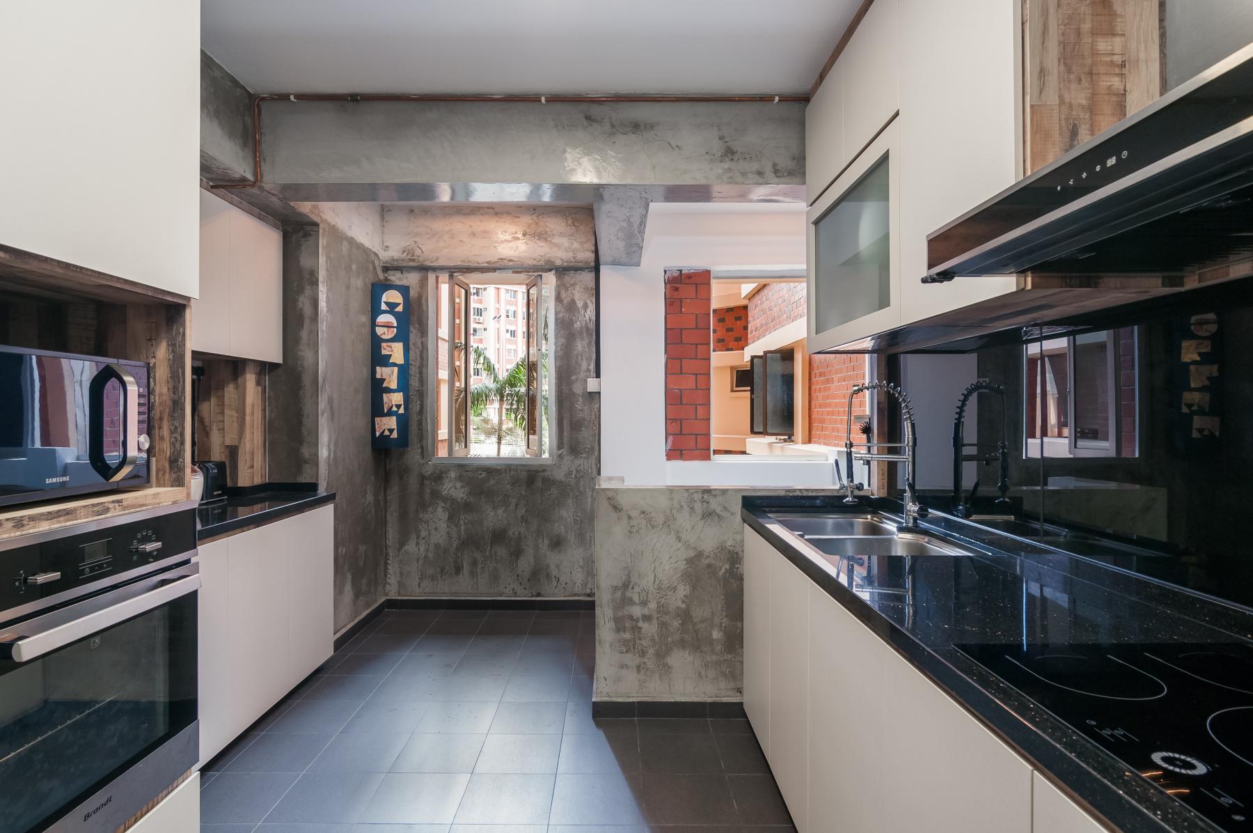 Industrial Kitchen with Countertop and Cement Floor