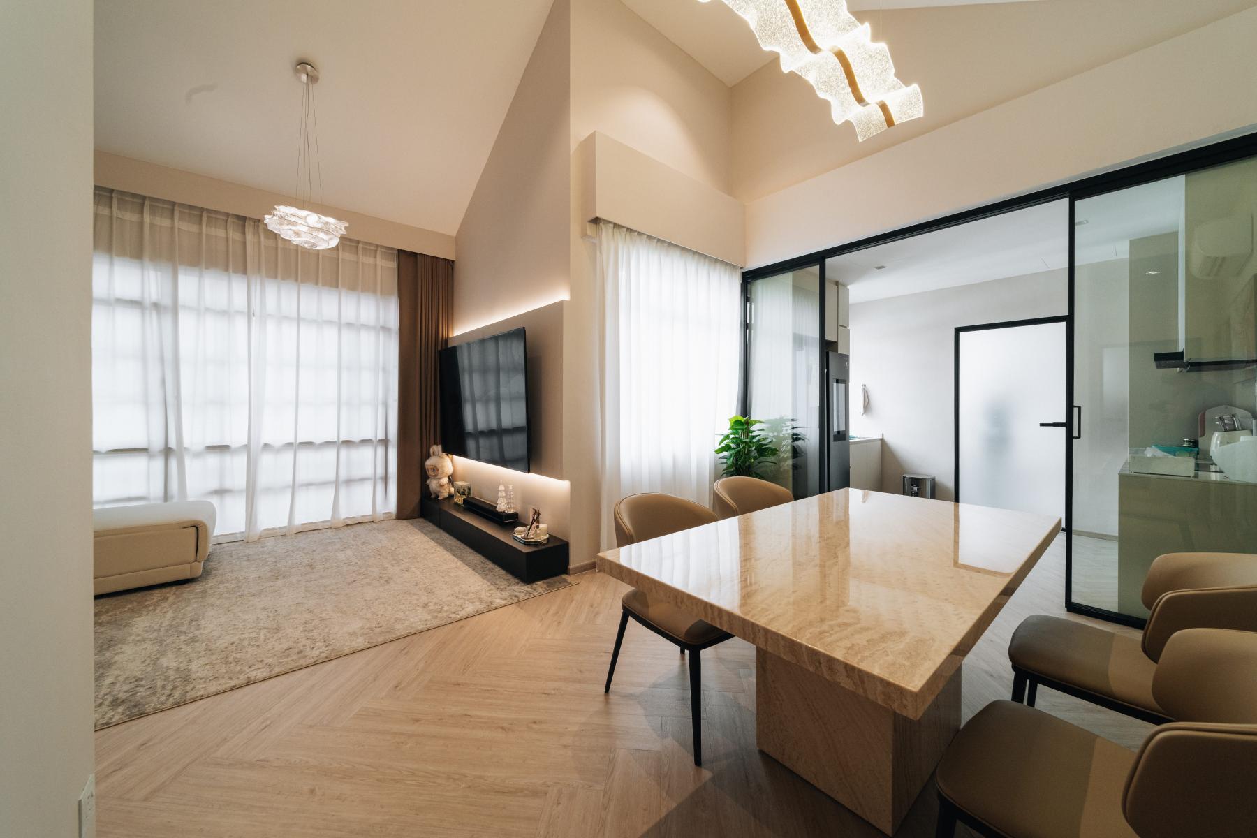 Contemporary Dining Room with Drop Light and Dining Table