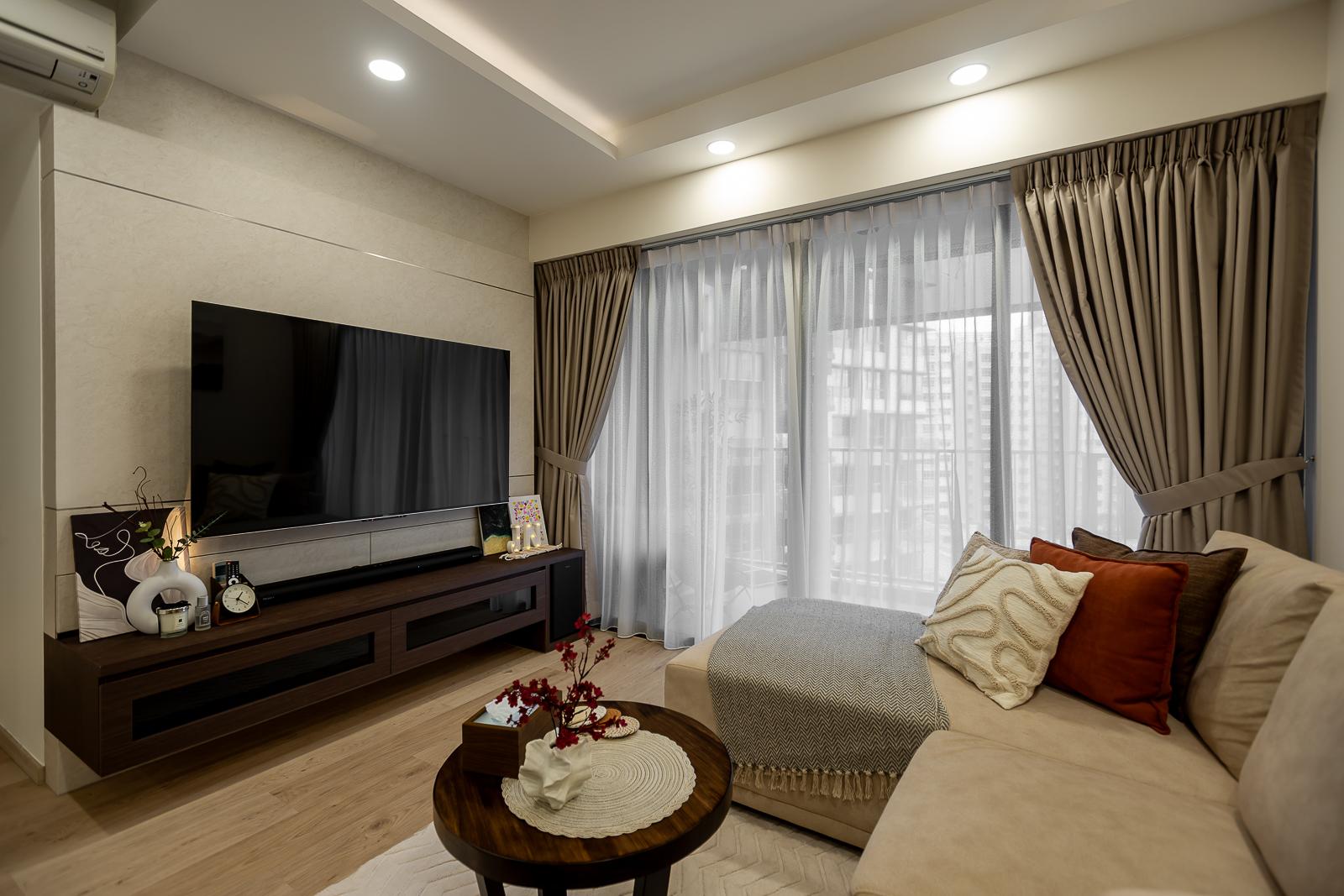 Transitional Living Room with Homogeneous Tiles and TV Console