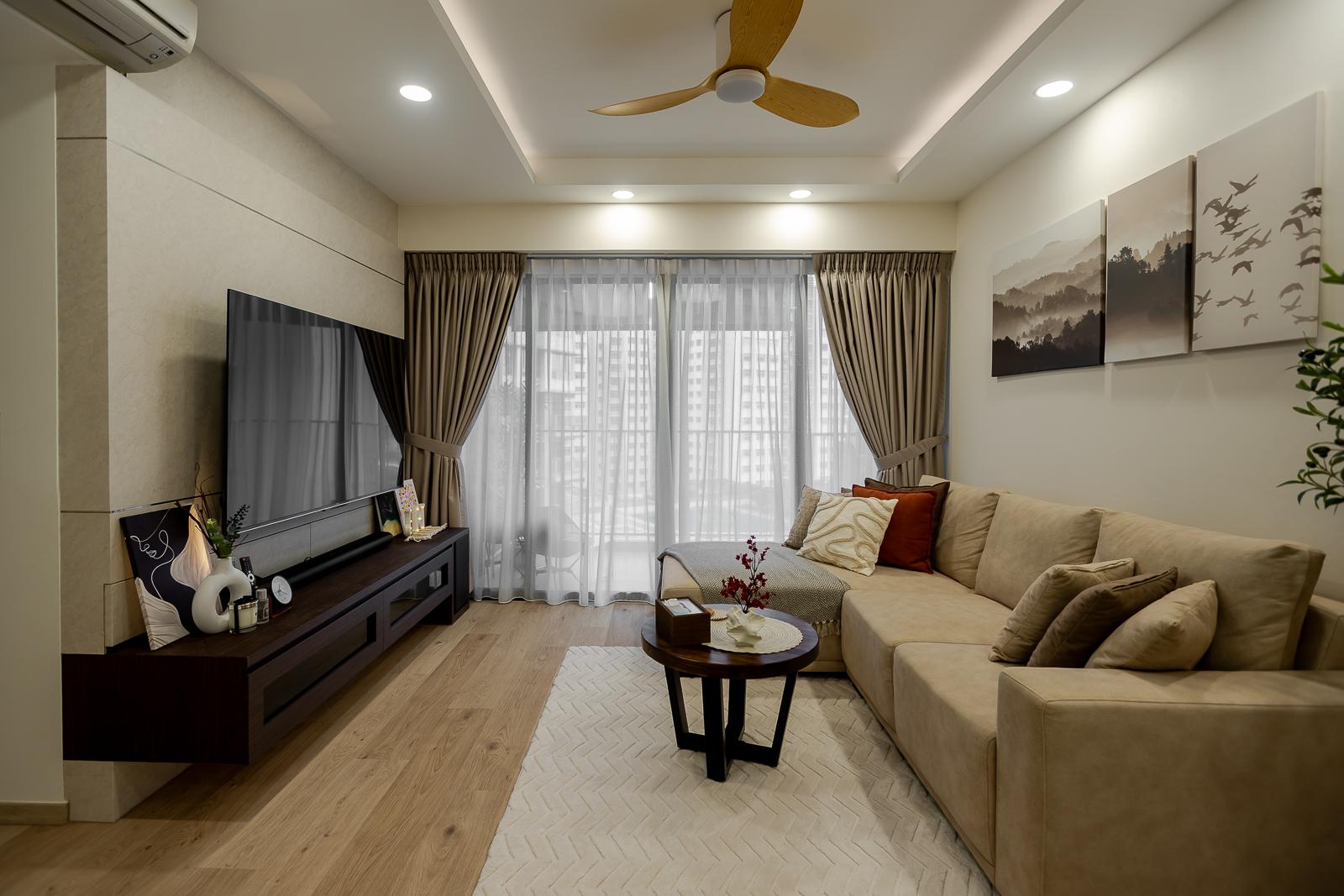 Transitional Living Room with Homogeneous Tiles and Drop Light