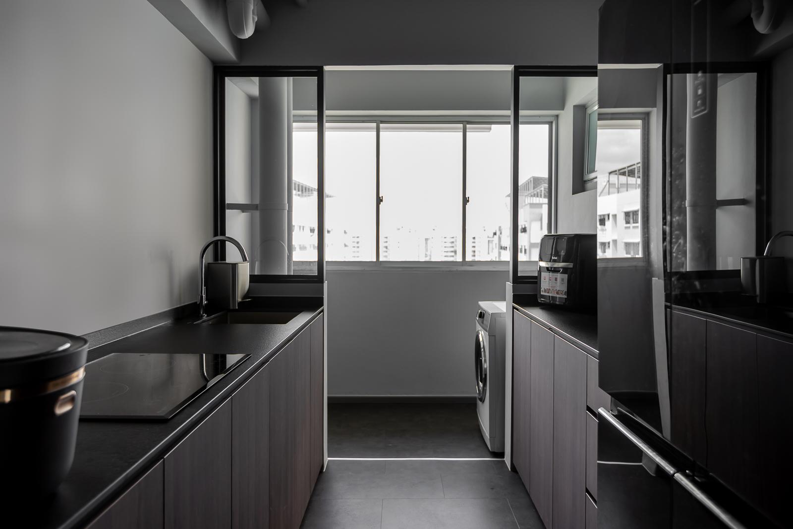 Industrial Kitchen with Homogeneous Tiles and Kitchen Window