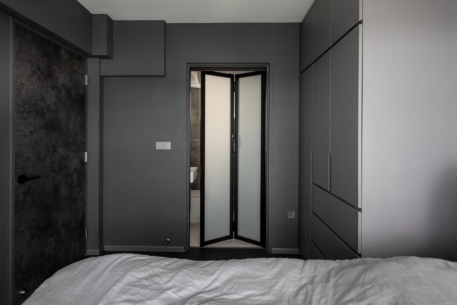 Industrial Bedroom with Homogeneous Tiles and Wardrobe