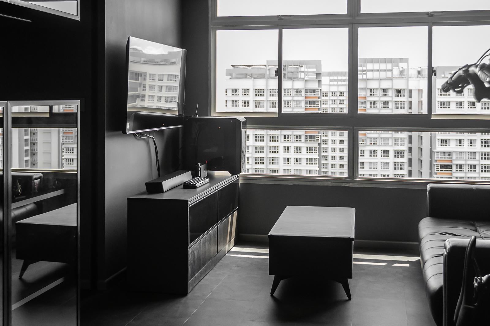 Industrial Living Room with Homogeneous Tiles and TV Console