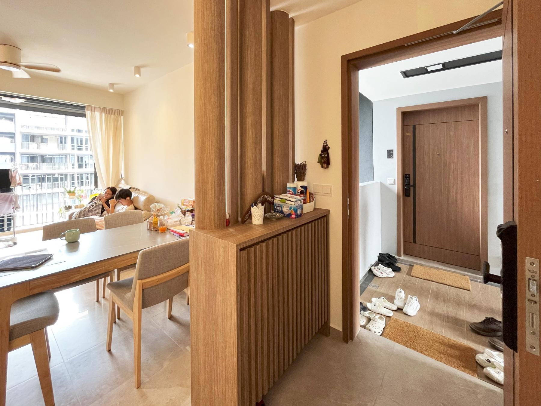 Asian Entryway with Seating Bench and Shoe Rack