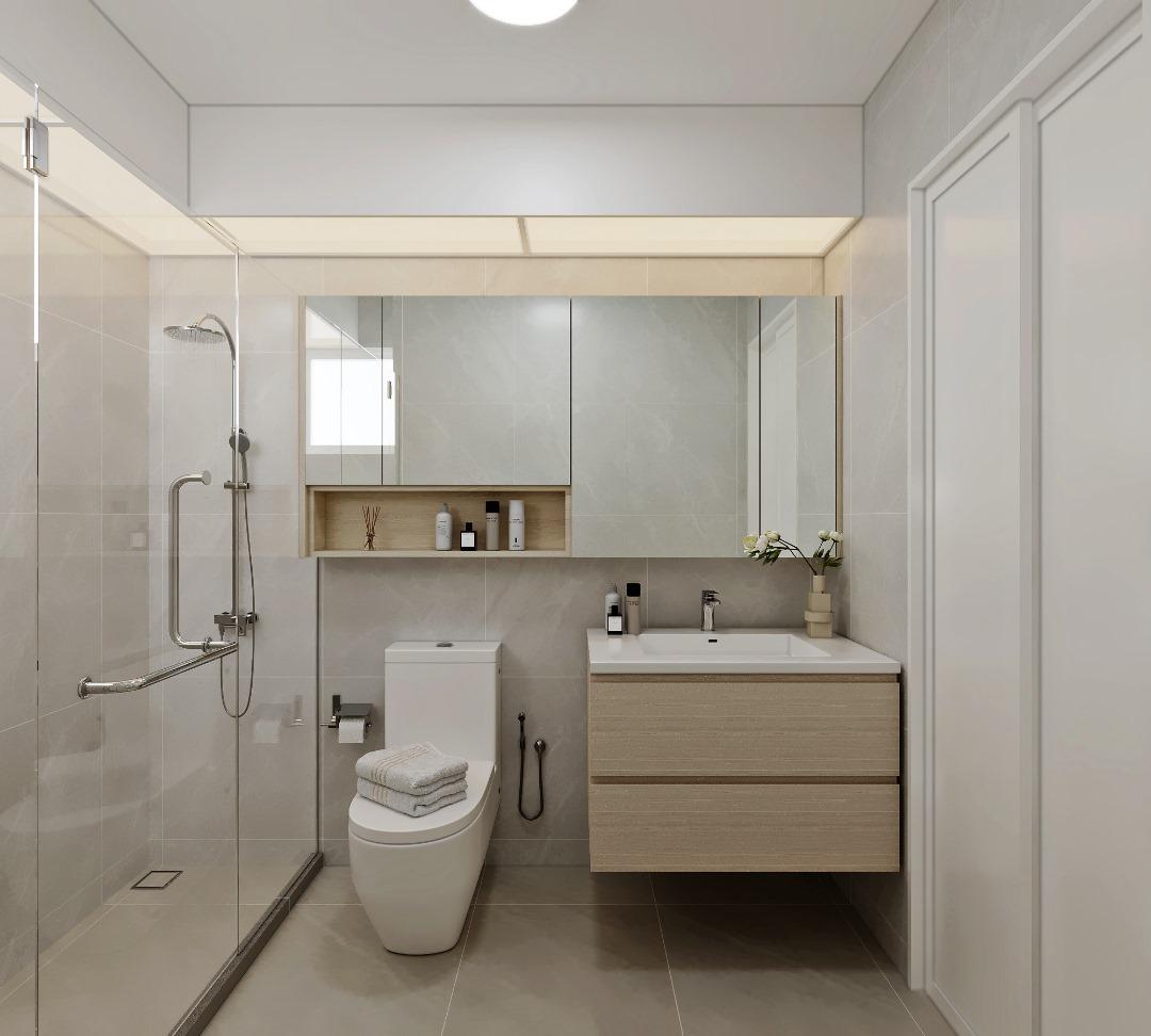 Modern Bathroom with Countertop and Herringbone Tiling