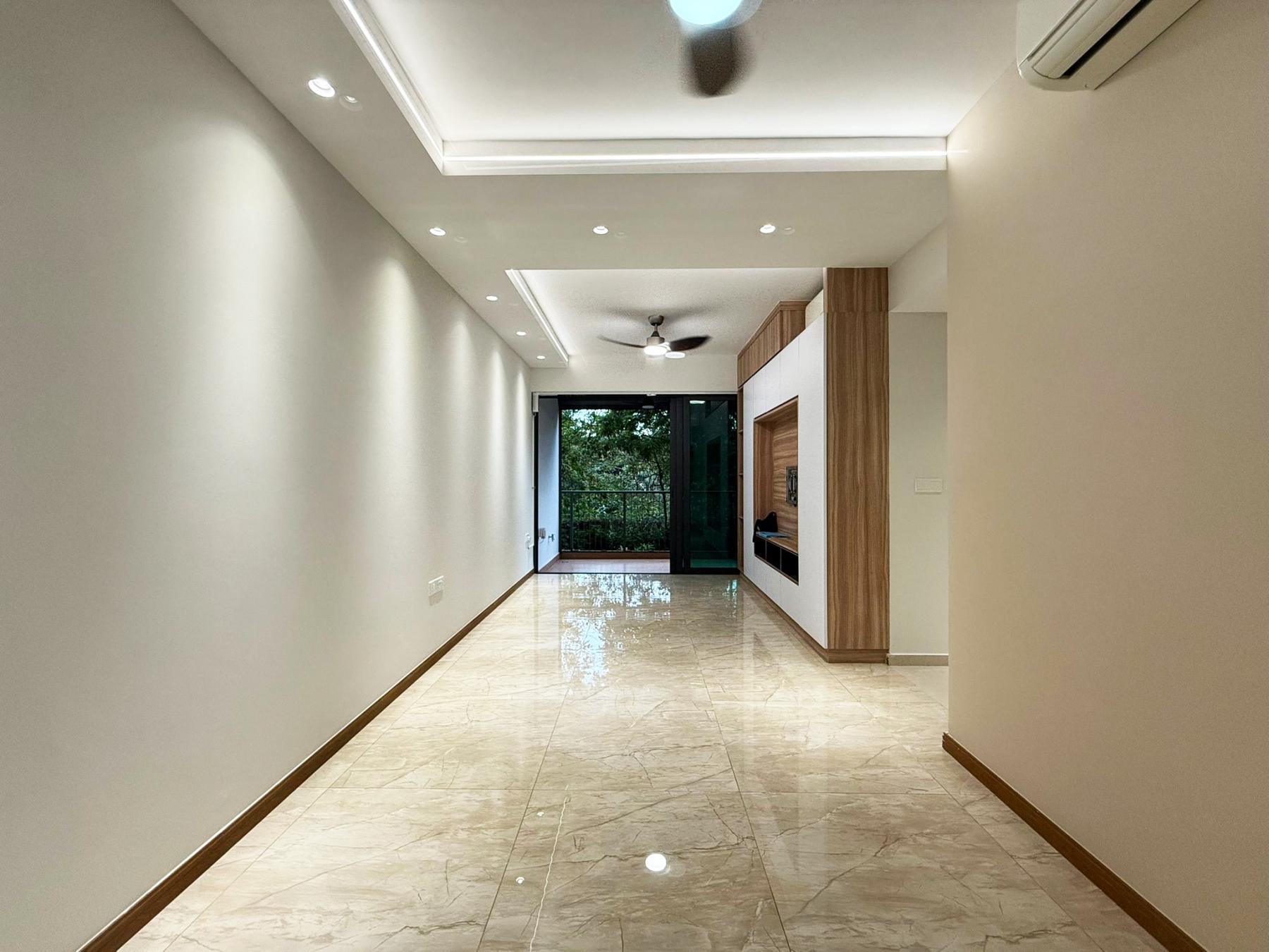 Modern Hallway with Bookshelf and Artwork