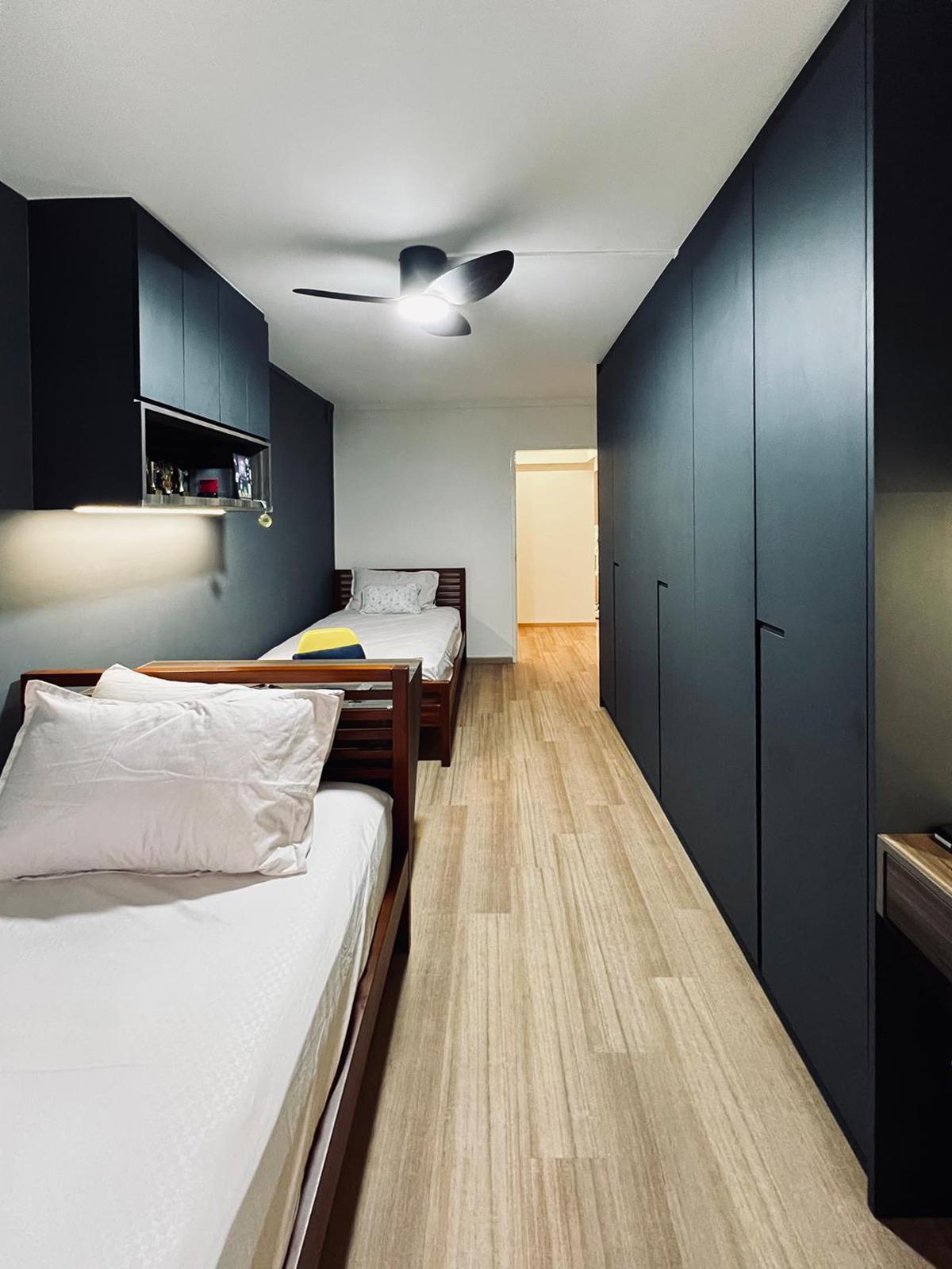 Modern Bedroom with Bookshelf and Platform Bed