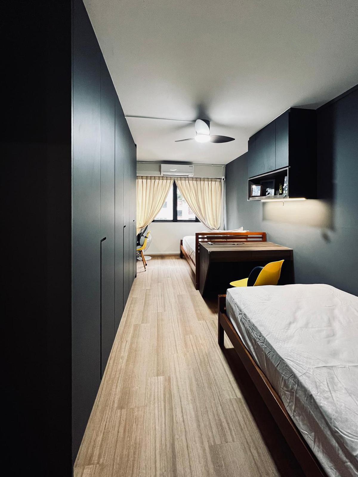 Modern Bedroom with Bookshelf and Platform Bed