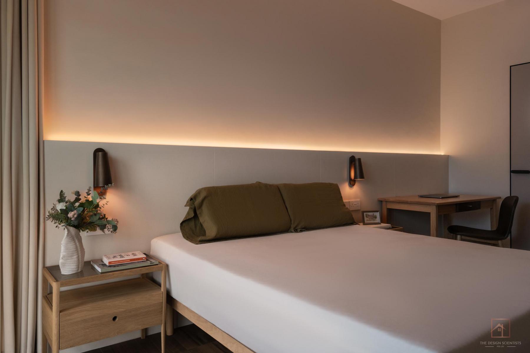 Modern Bedroom with Cove Lighting and Bedside Table