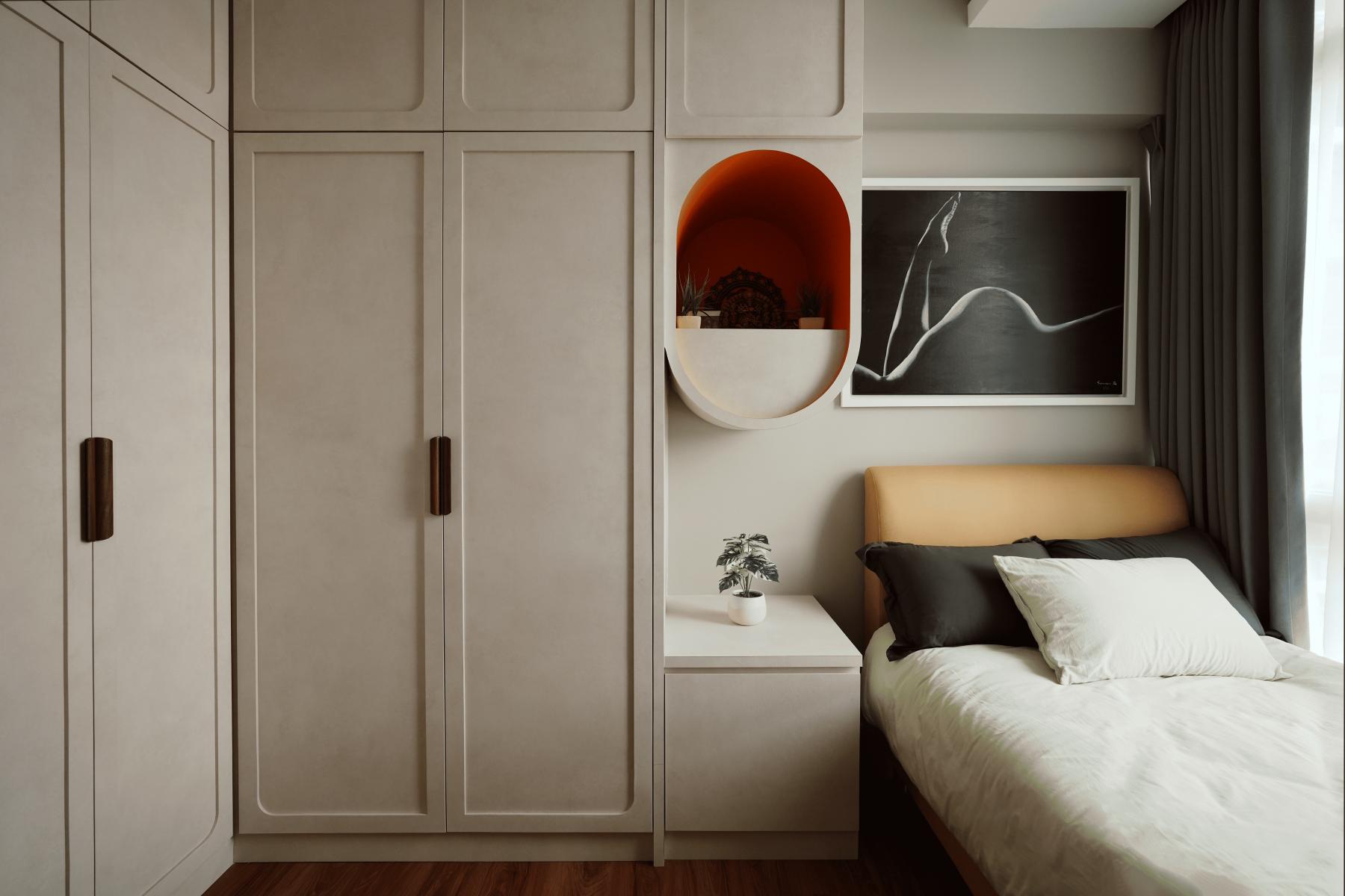 Transitional Bedroom with Bookshelf and Wood Flooring