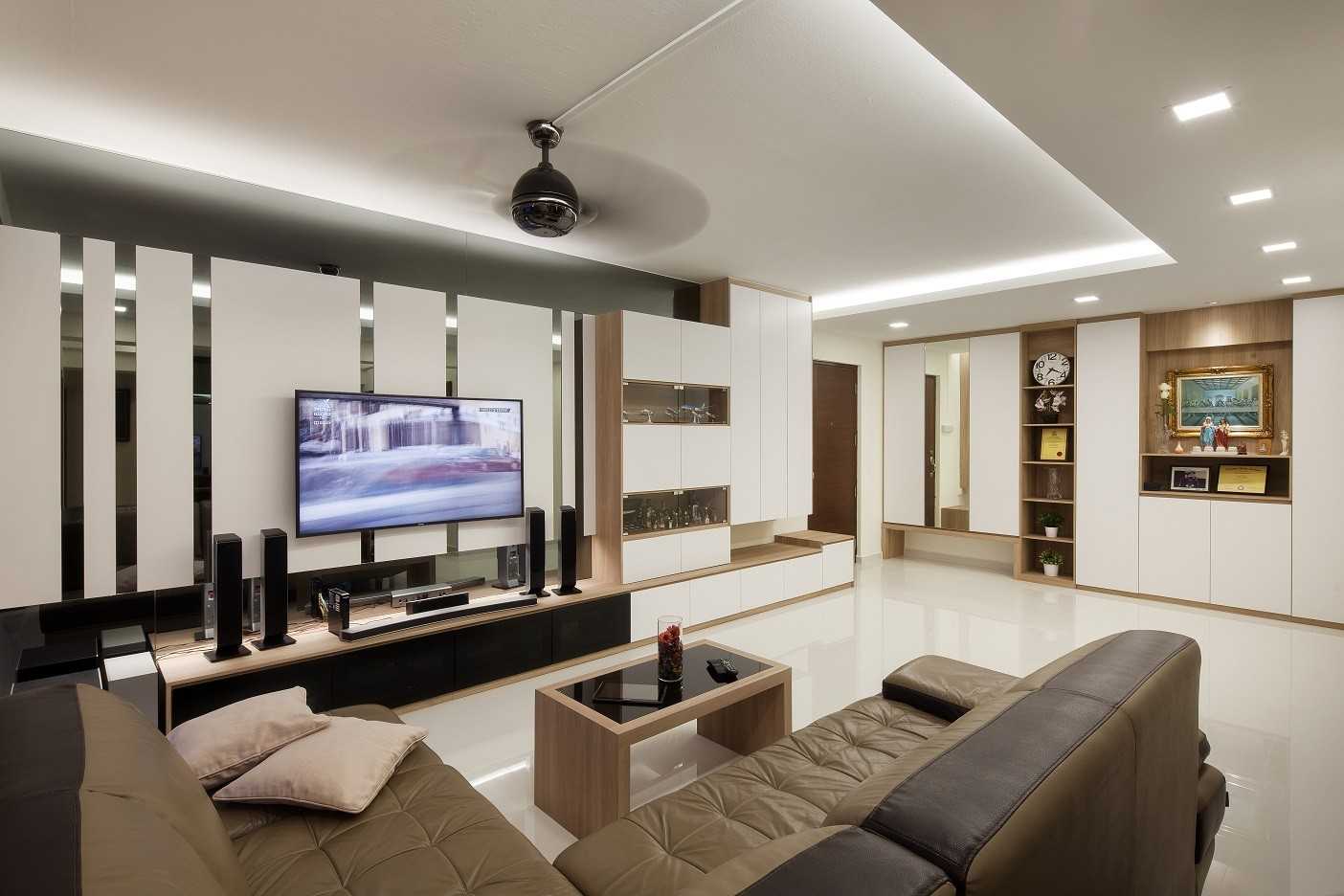 Scandinavian Living Room with Homogeneous Tiles and TV Console