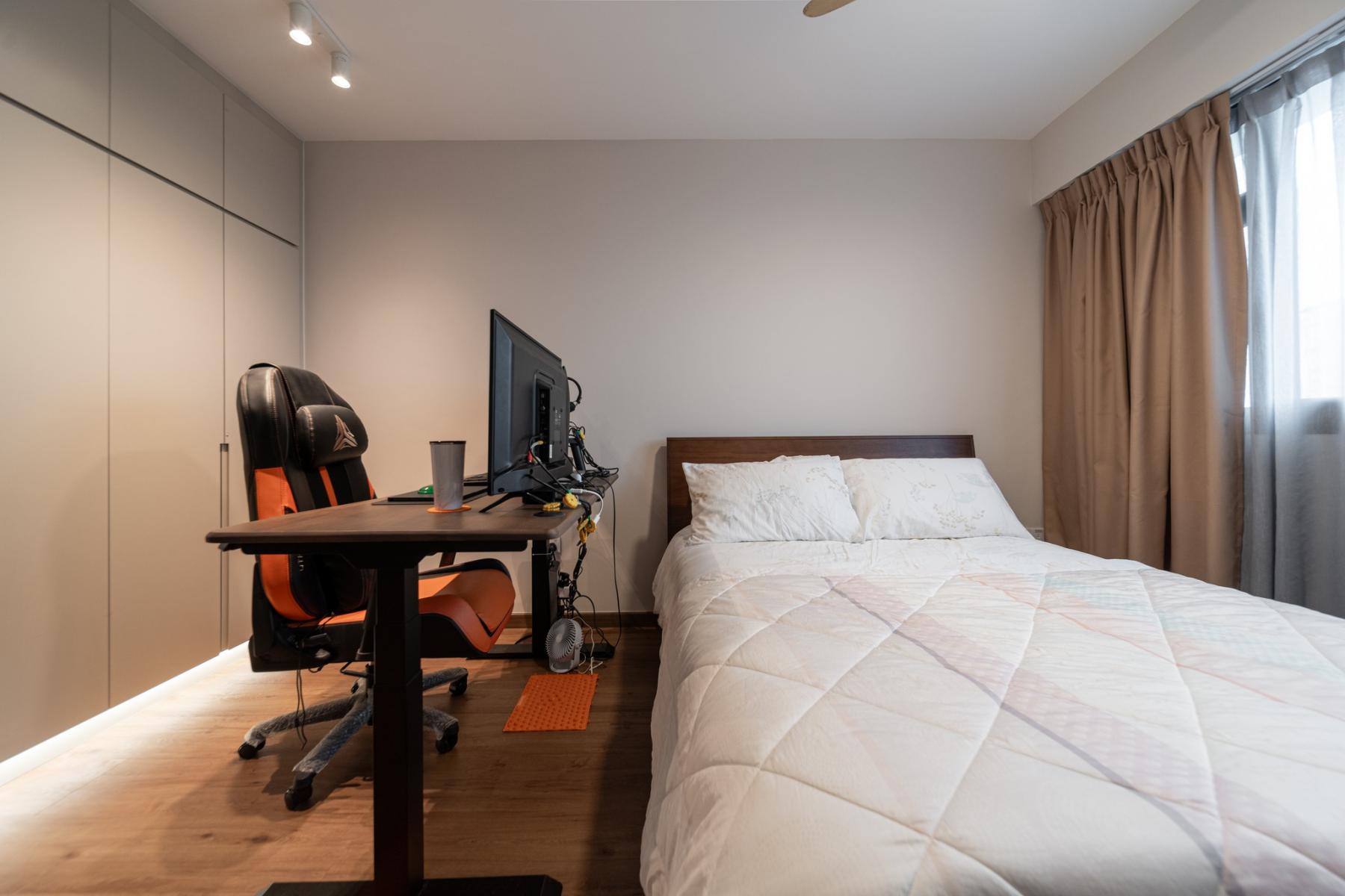 Scandinavian Bedroom with Vinyl Flooring and Cove Lighting